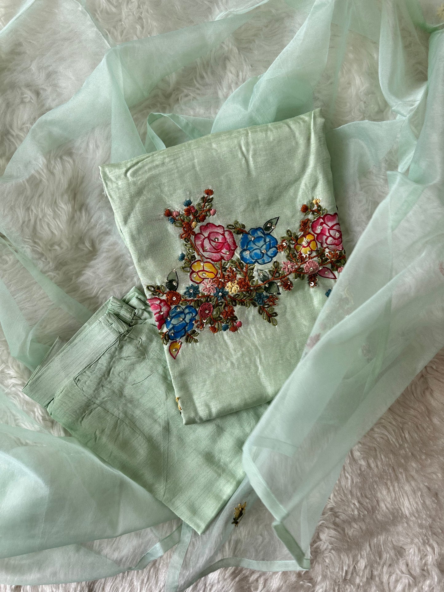 Dola Silk Embroidery Kurti Pant Dupatta Set
