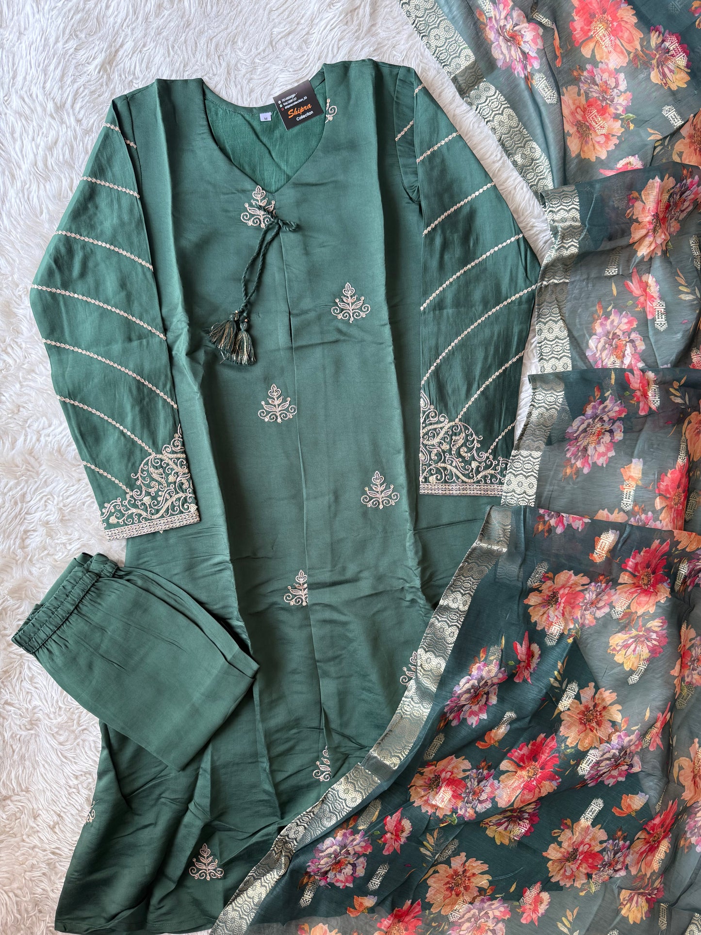 Pure Muslin Silk Kurti Pant Organza Dupatta Set