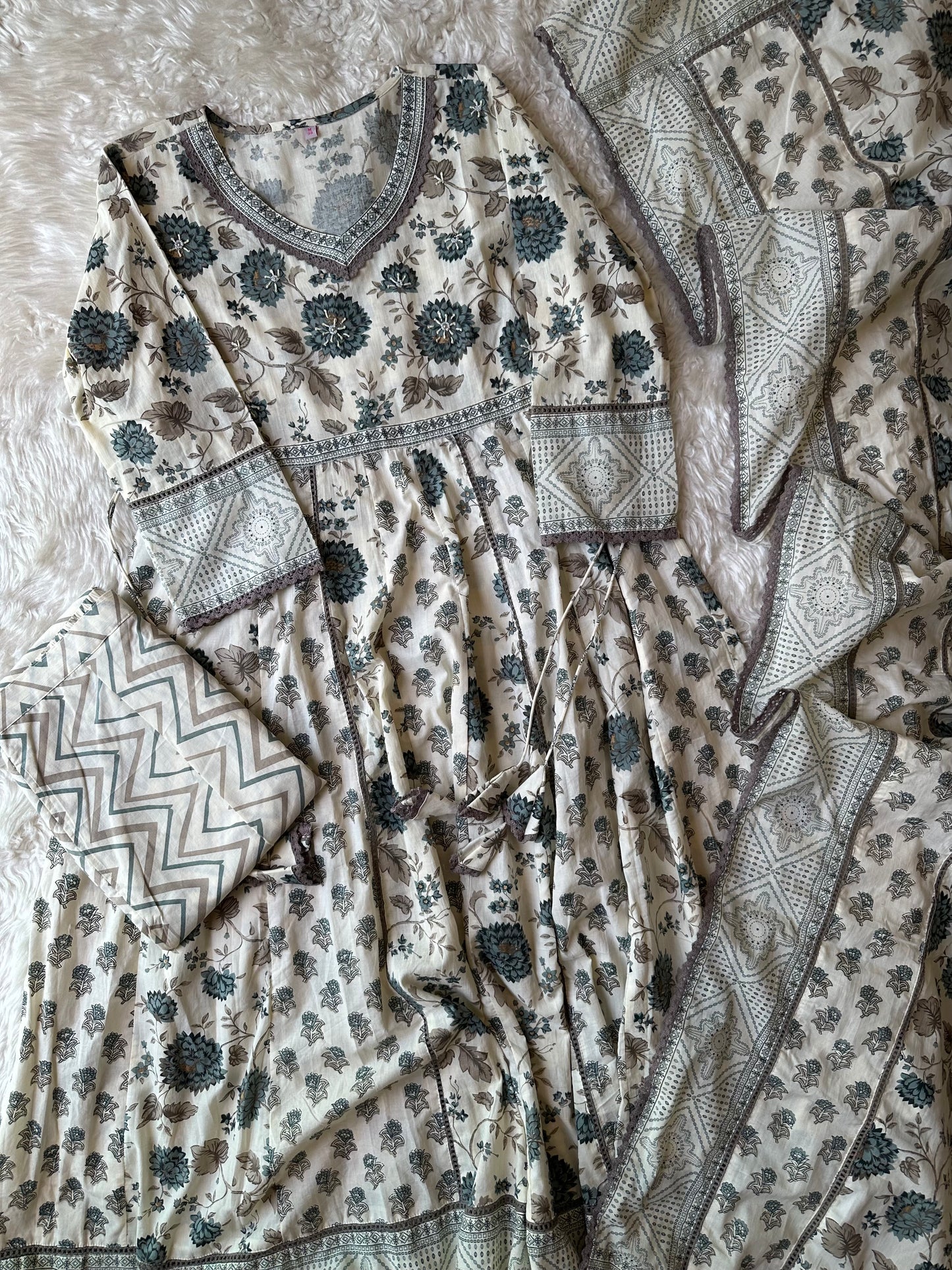 Premium Cotton ANARKALI Kurti Pant Dupatta Set