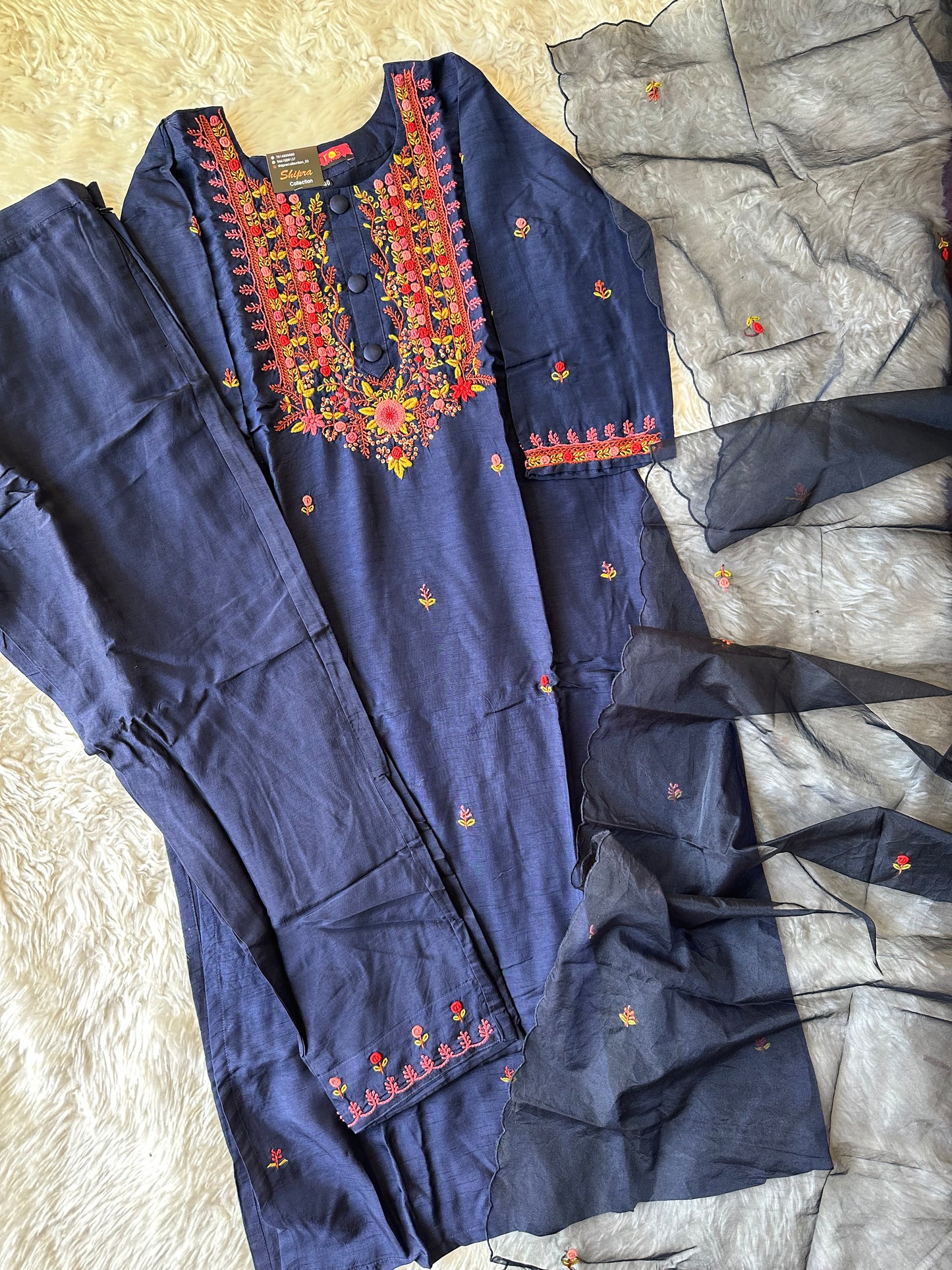 Pure Silk Embroidery Kurti Pant Dupatta Set