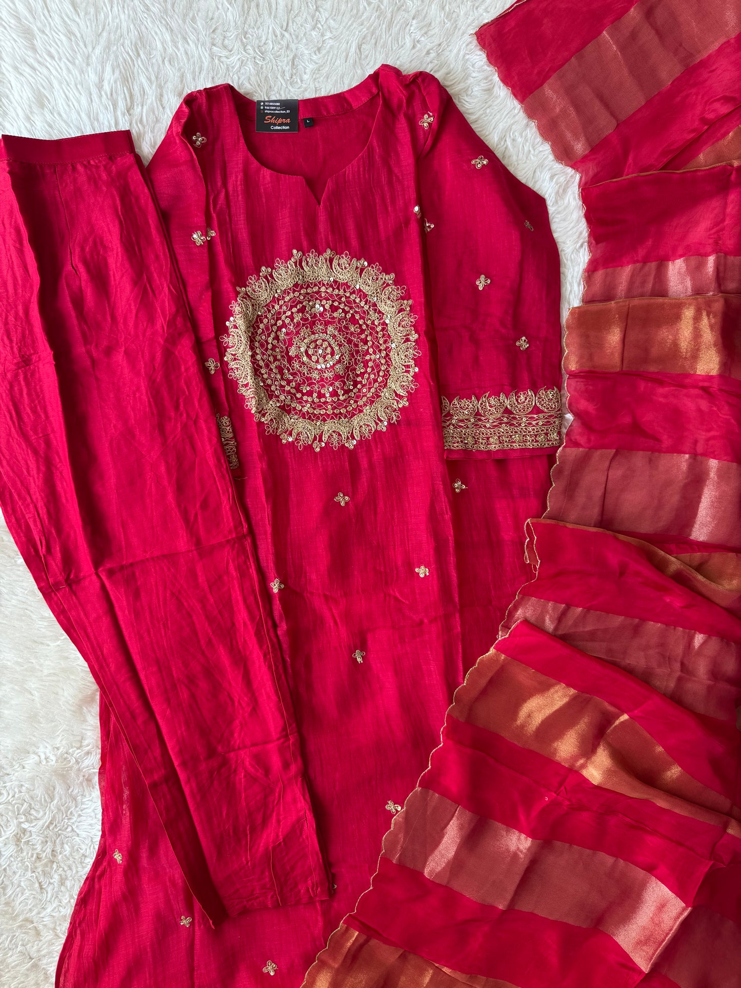 Pure Mul Chanderi Kurti Pant Dupatta Set
