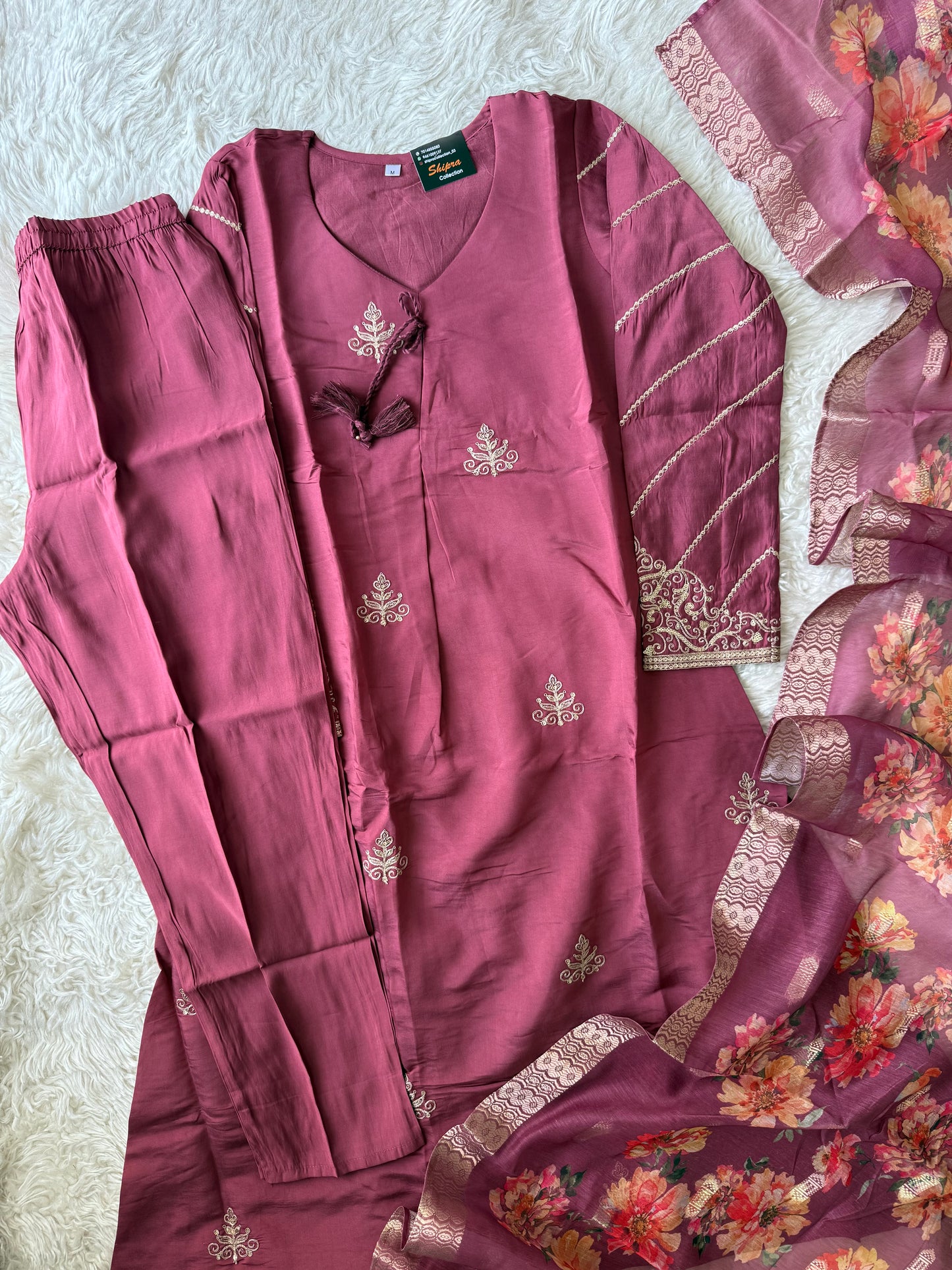 Pure Muslin Silk Kurti Pant Organza Dupatta Set