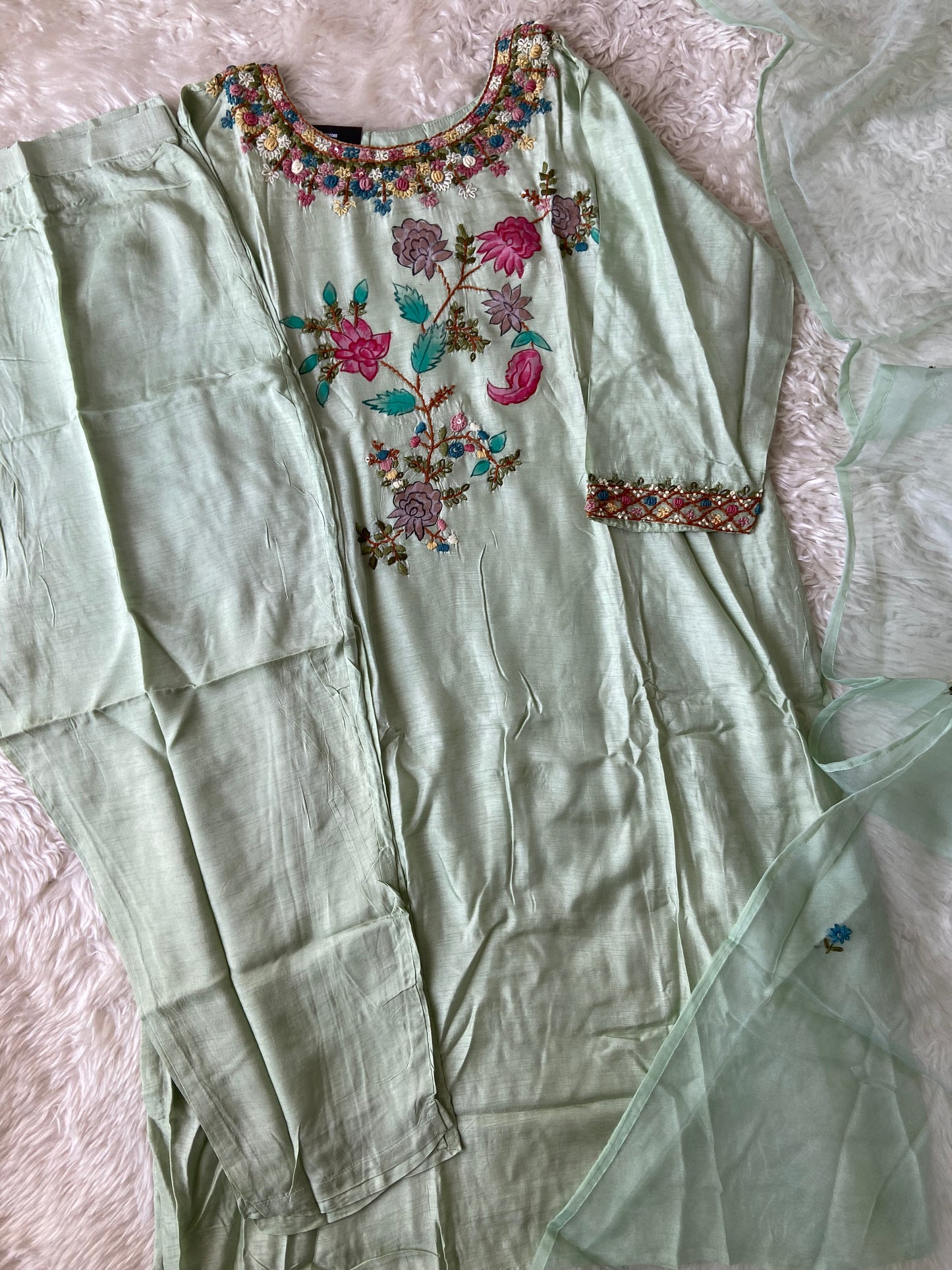 Plus size Dola Silk Embroidery Kurti Pant Dupatta Set