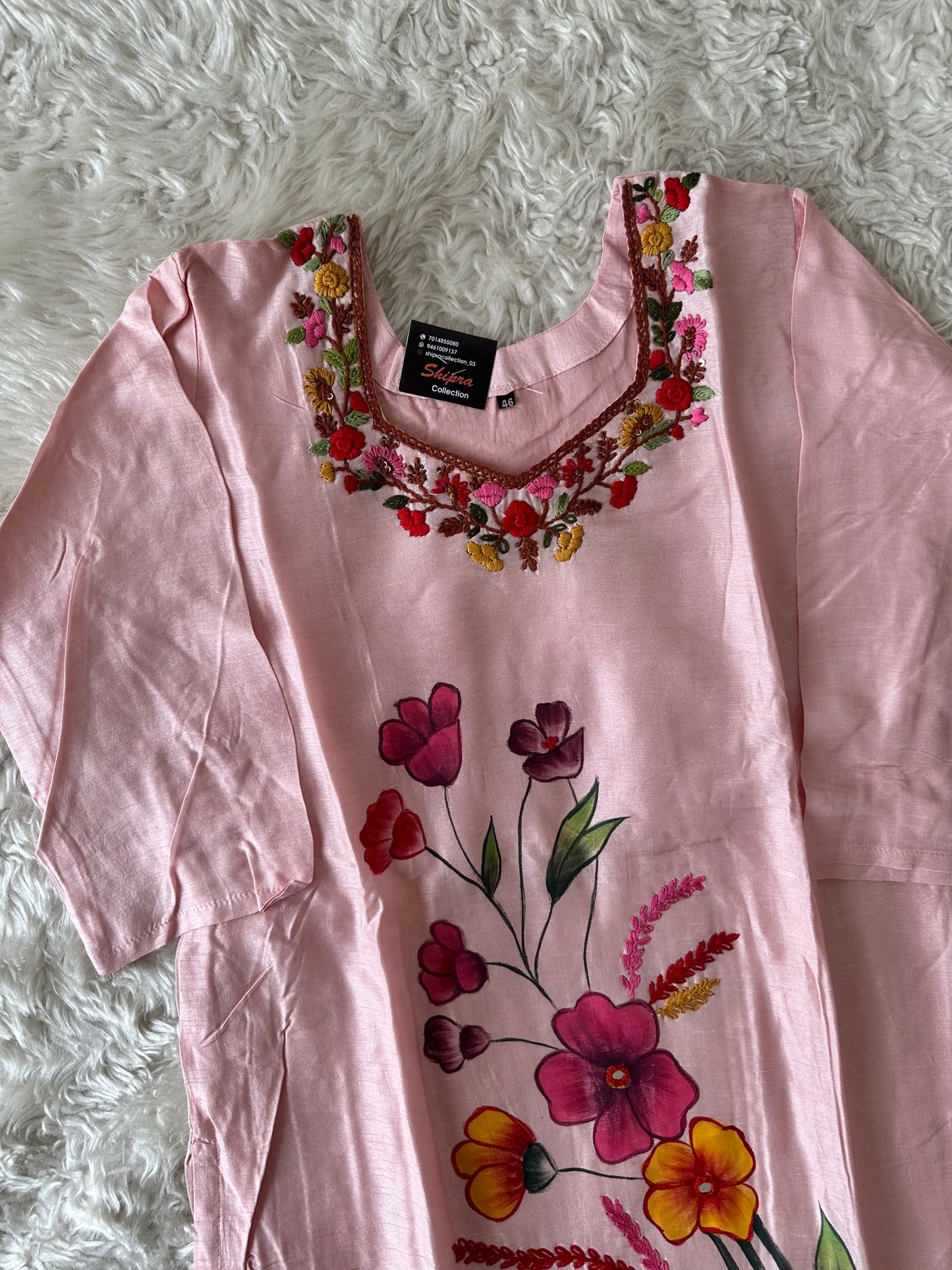 Plus size Dola Silk Embroidery Kurti Pant Dupatta Set