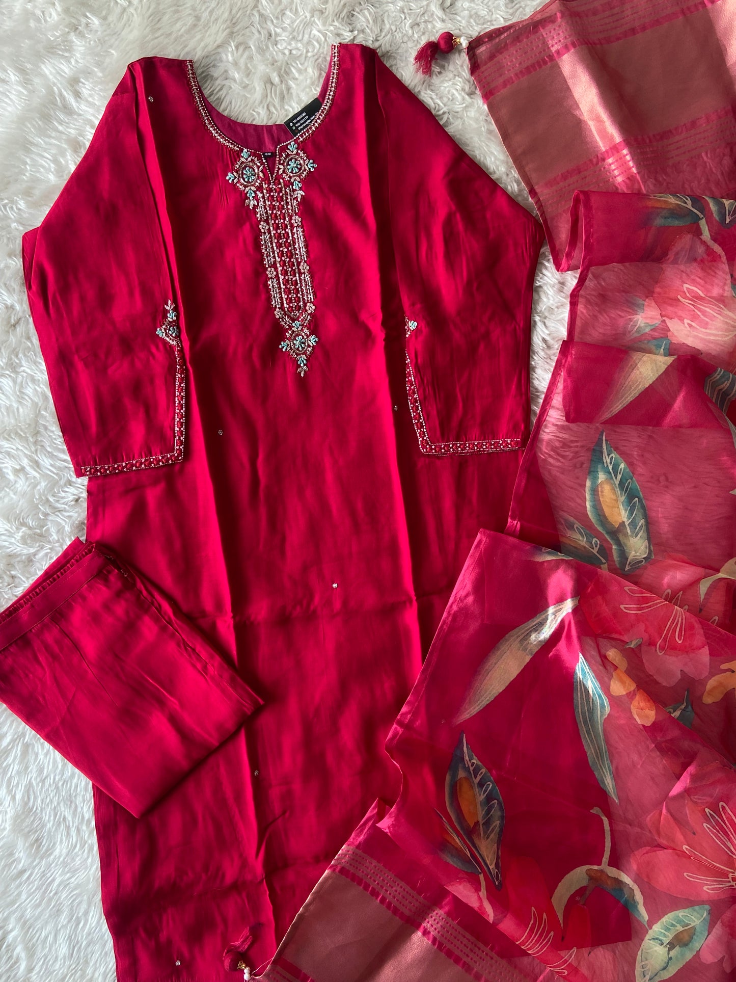 Plus Size Roman Silk Kurti Pant Dupatta Set