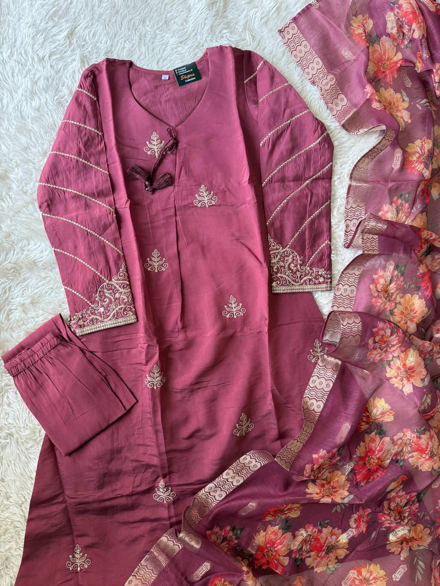 Pure Muslin Silk Kurti Pant Organza Dupatta Set