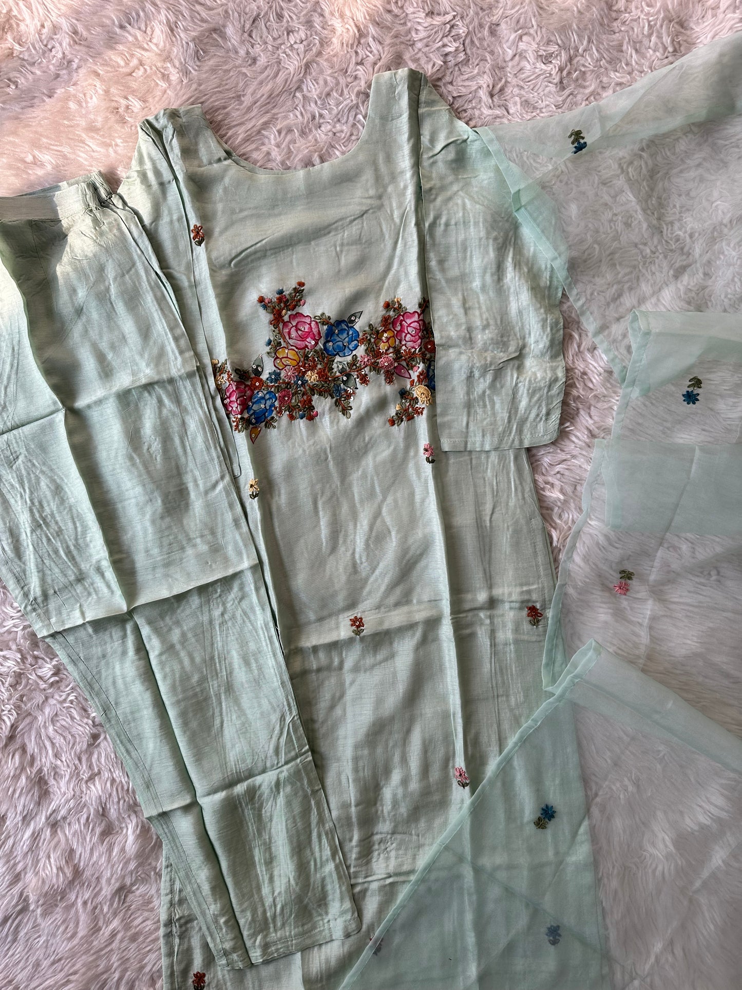 Dola Silk Embroidery Kurti Pant Dupatta Set