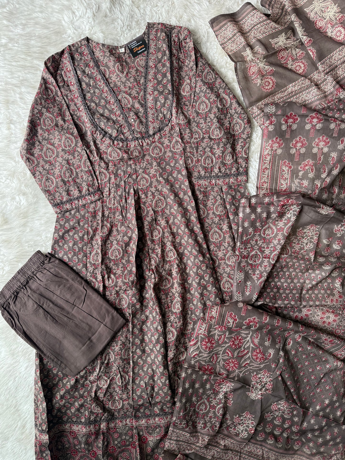 Premium Cotton ANARKALI Kurti Pant Dupatta Set