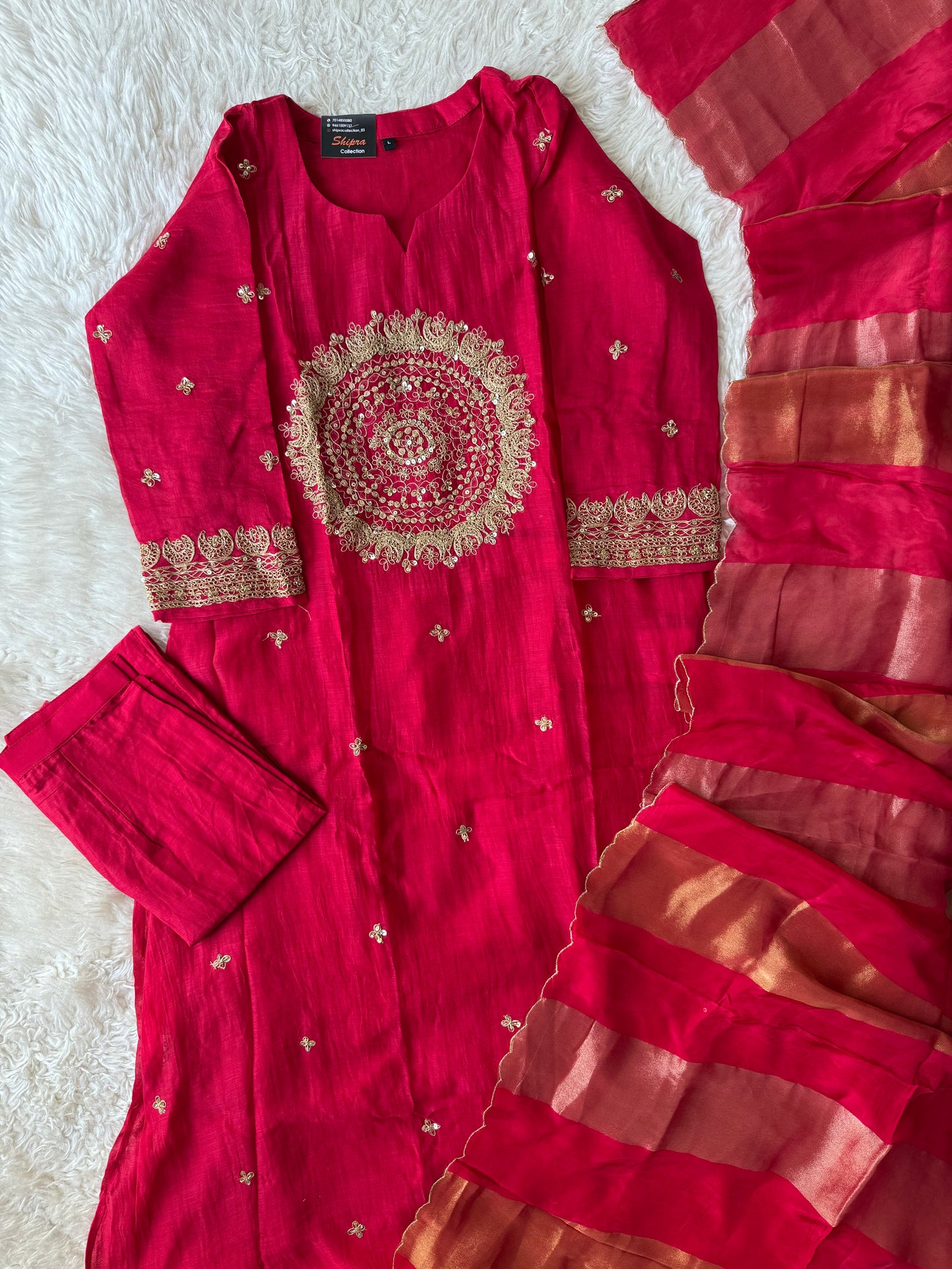 Pure Mul Chanderi Kurti Pant Dupatta Set