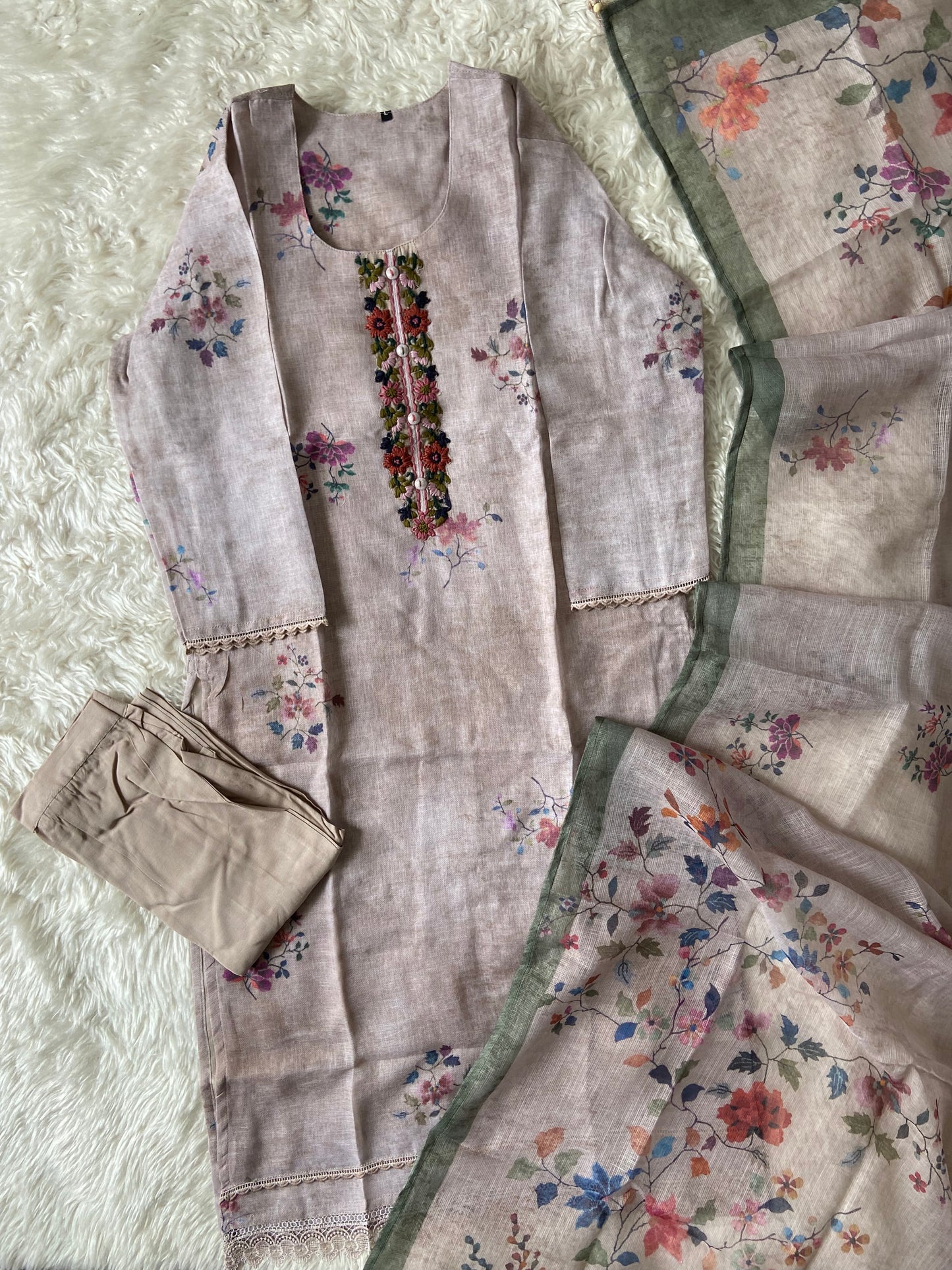 Linen Kurti Pant Dupatta Set