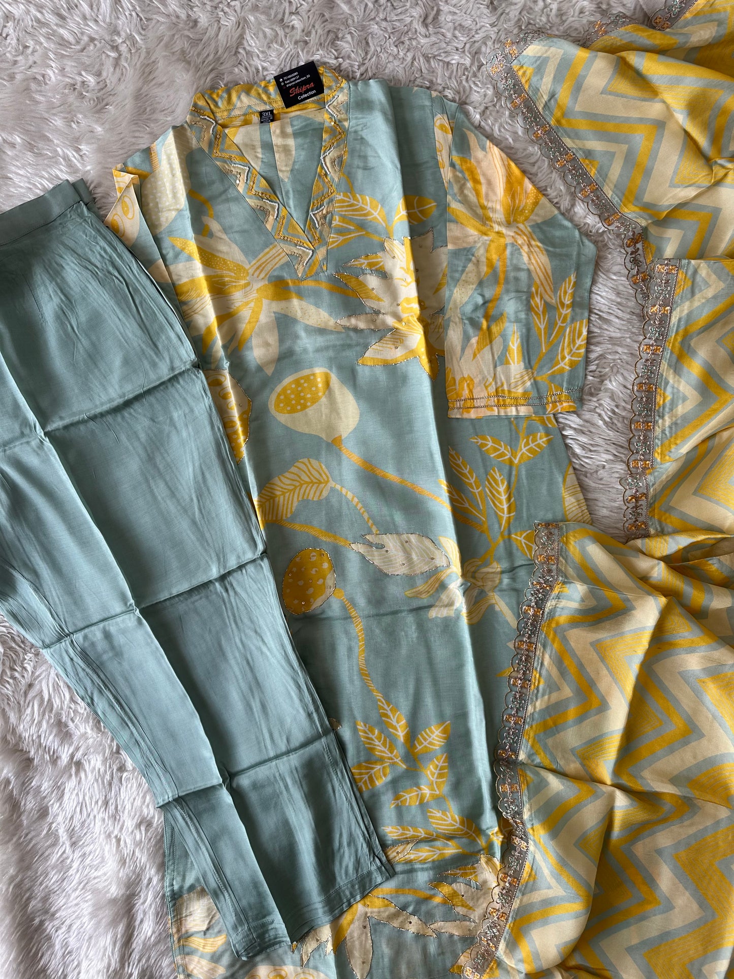 Plus Size Russian Silk Kurti Pant Dupatta Set