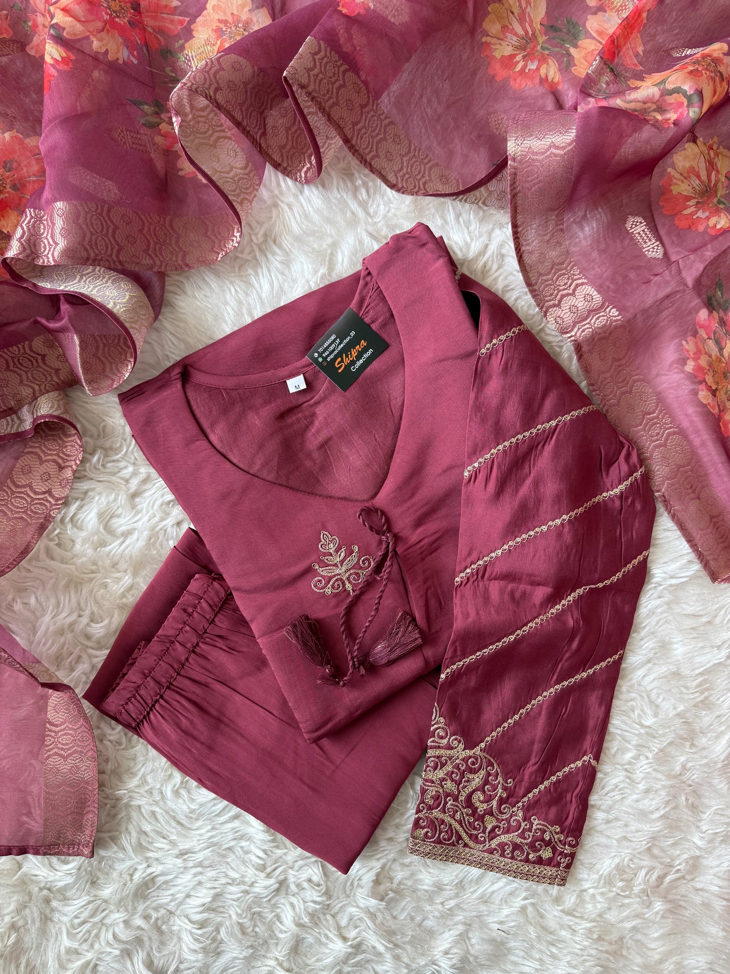 Pure Muslin Silk Kurti Pant Organza Dupatta Set