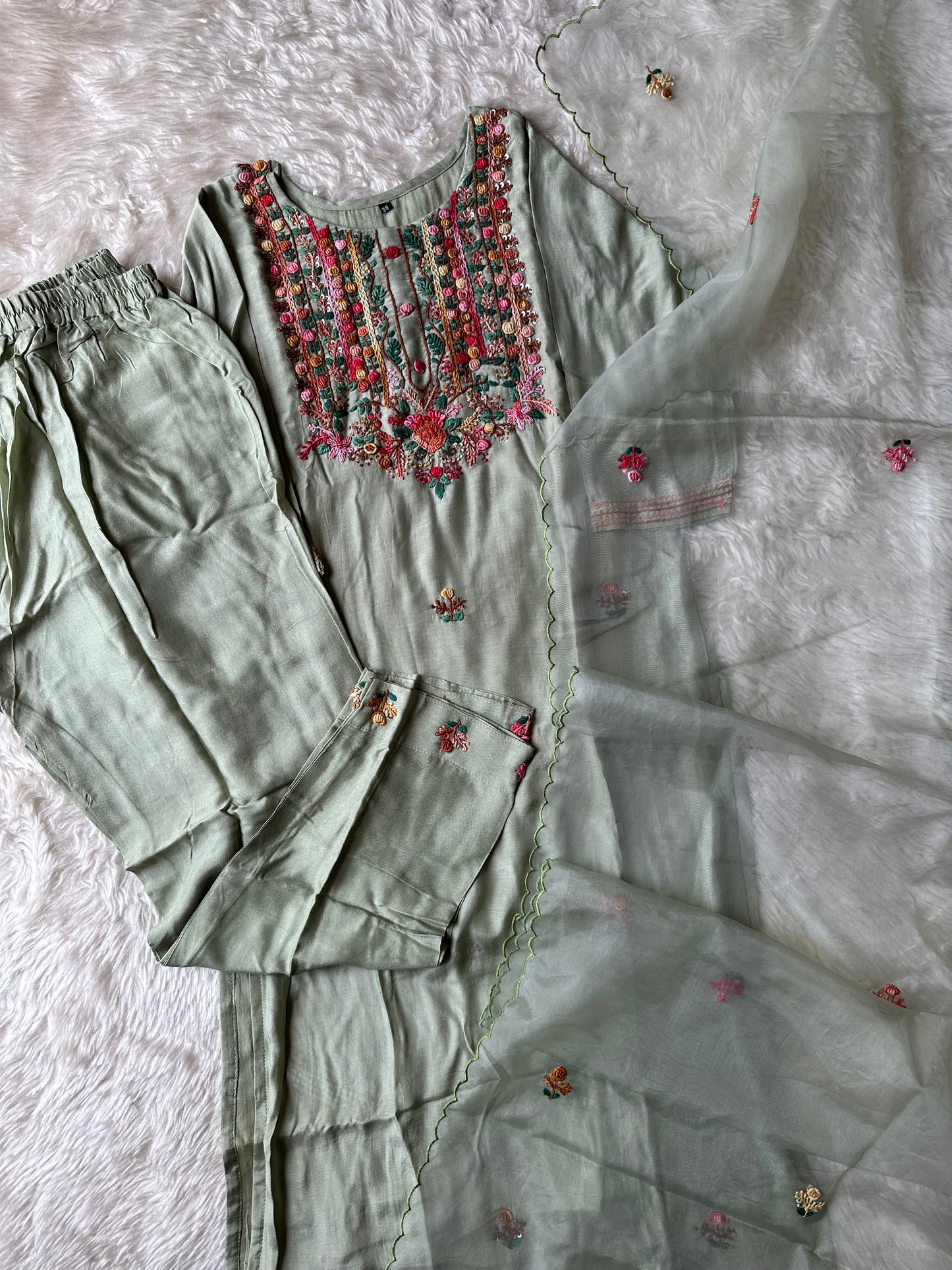 Pure Silk Embroidery Kurti Pant Dupatta Set