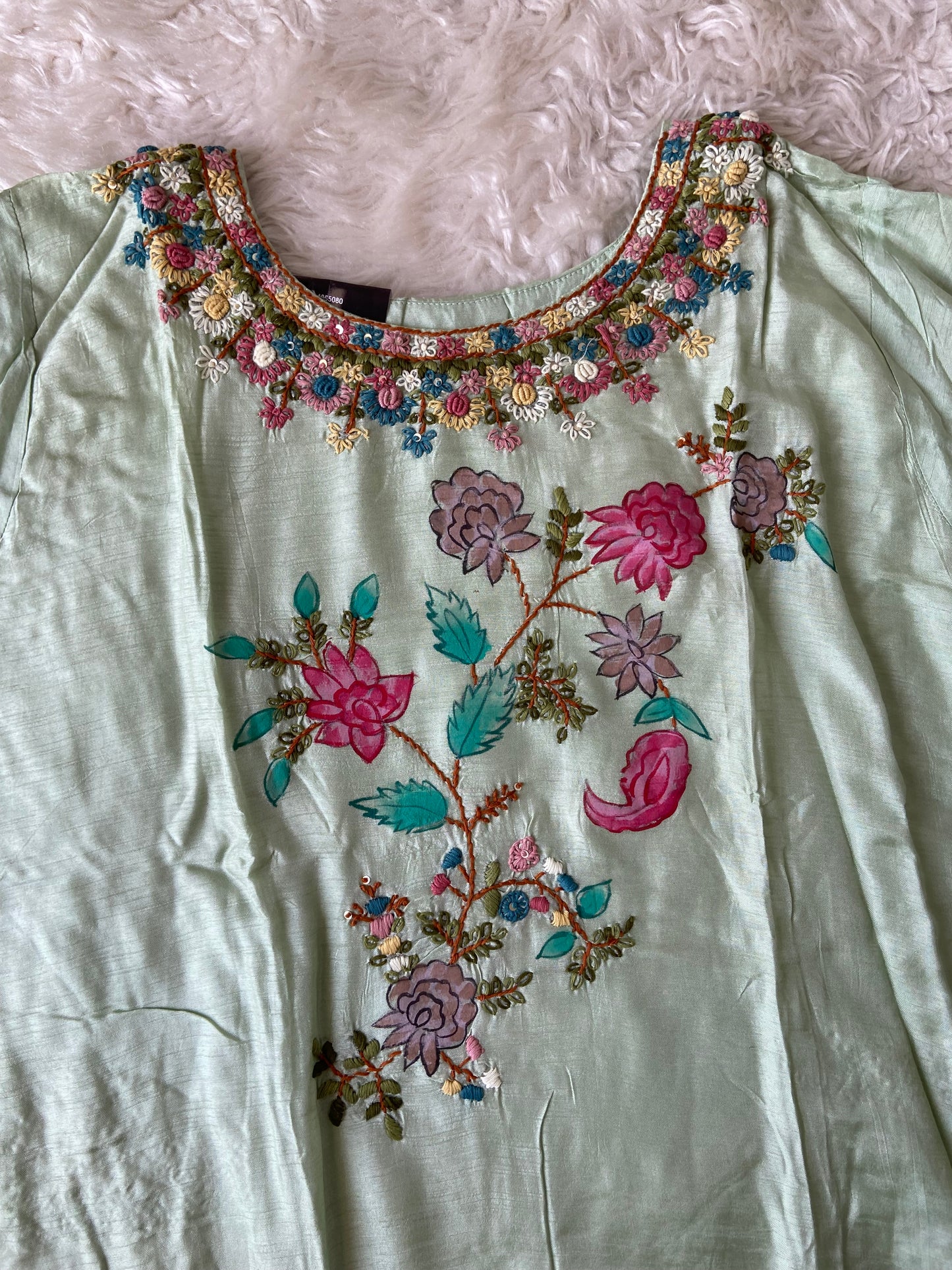 Plus size Dola Silk Embroidery Kurti Pant Dupatta Set
