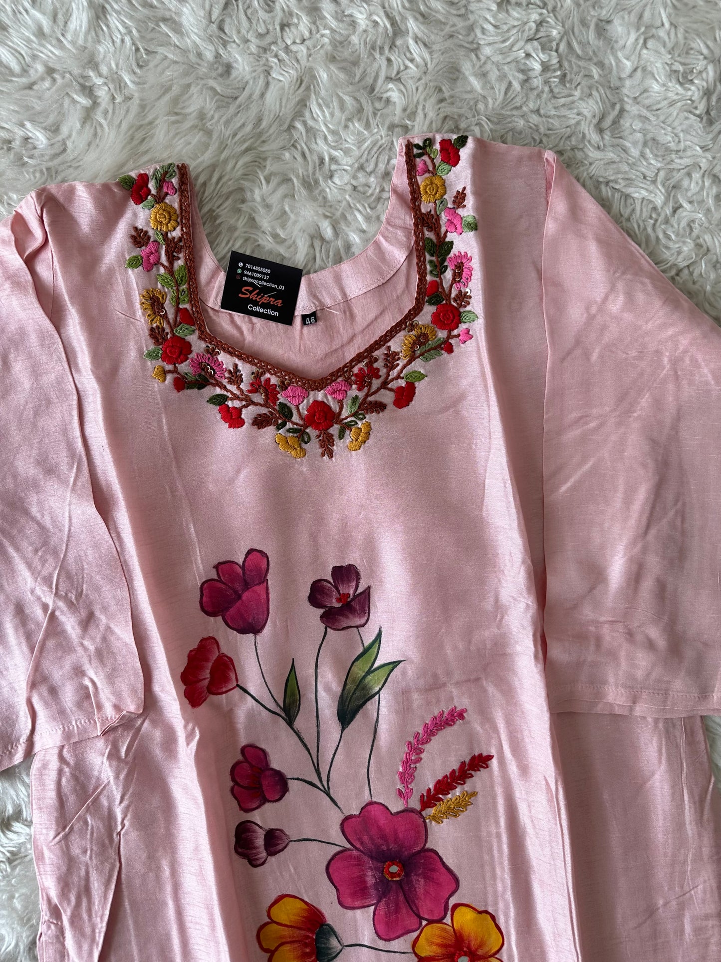 Plus size Dola Silk Embroidery Kurti Pant Dupatta Set