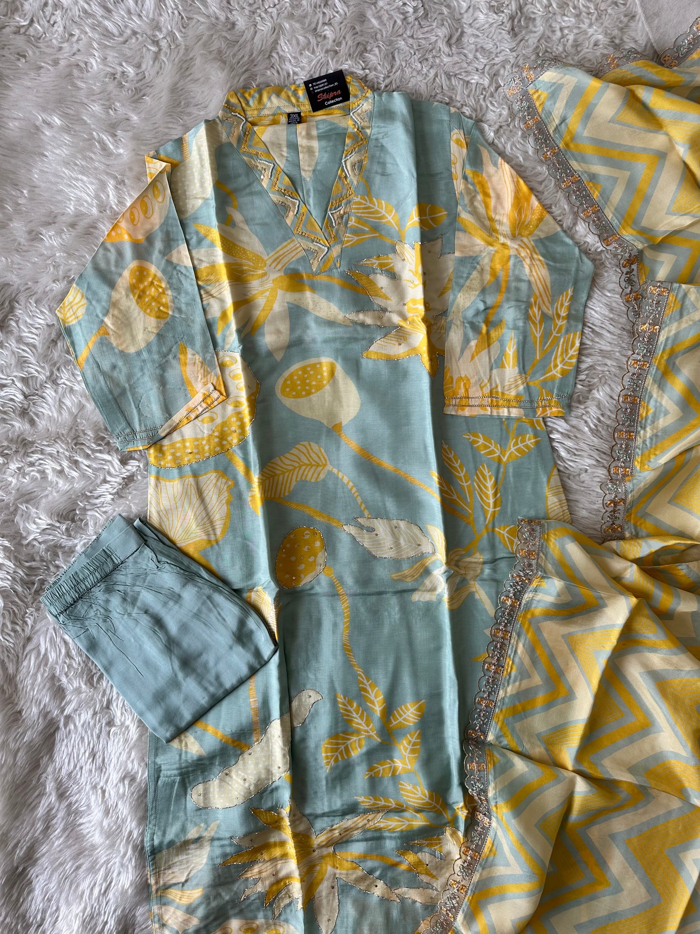 Plus Size Russian Silk Kurti Pant Dupatta Set