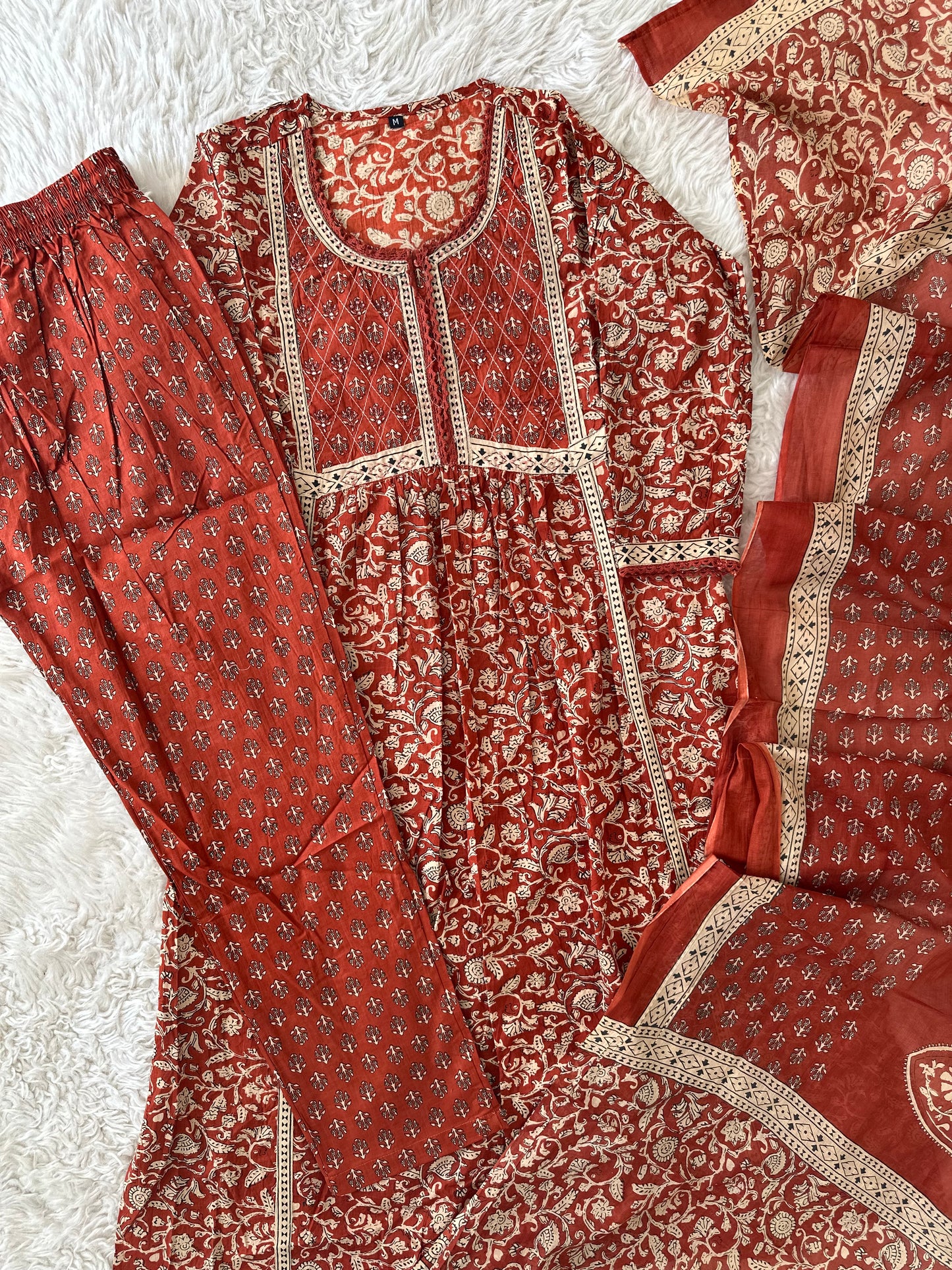 Jaipuri Print A-Line Kurti Pant Dupatta Set