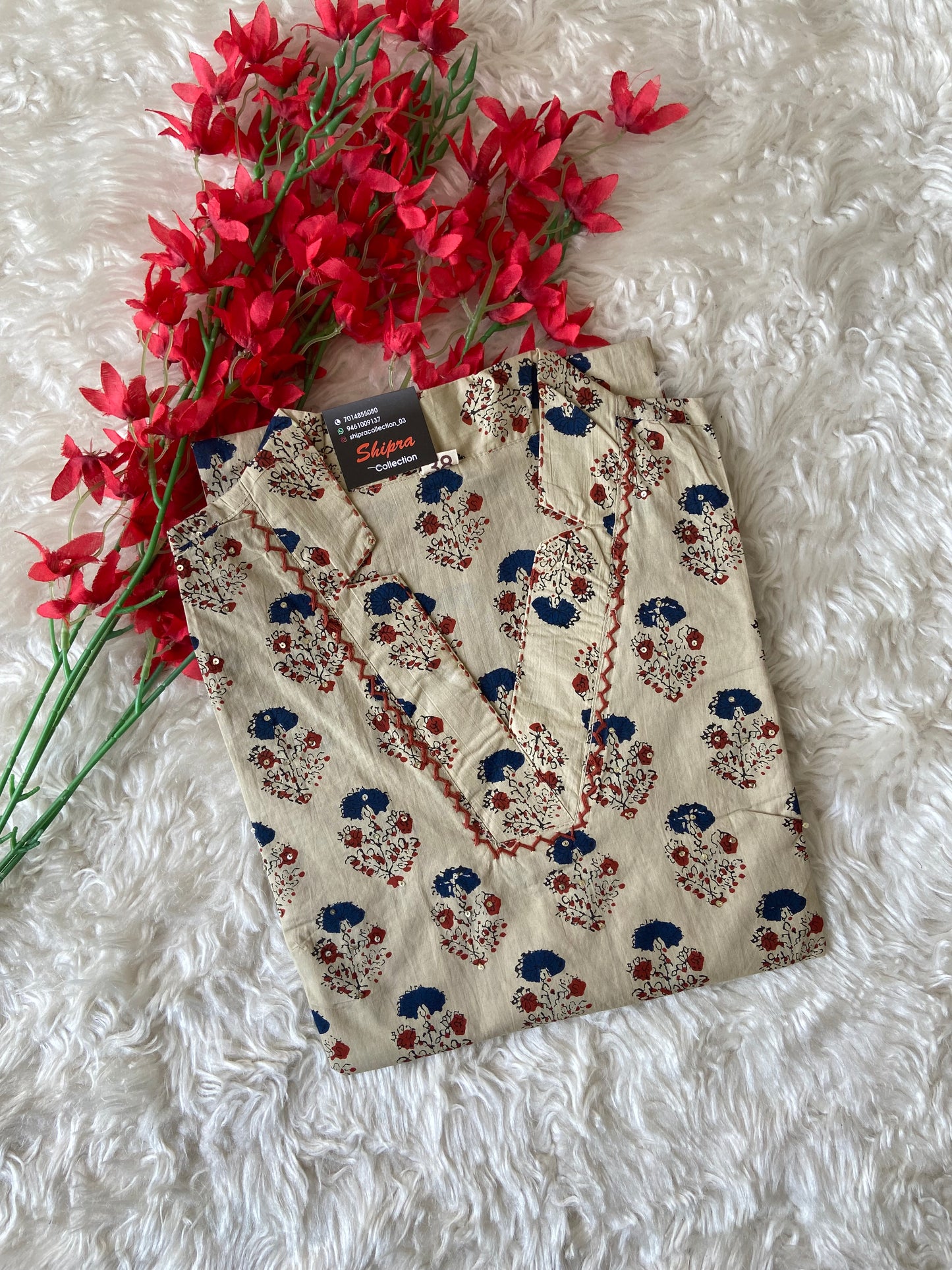 Premium Cotton blockprint A-line Kurti with pocket
