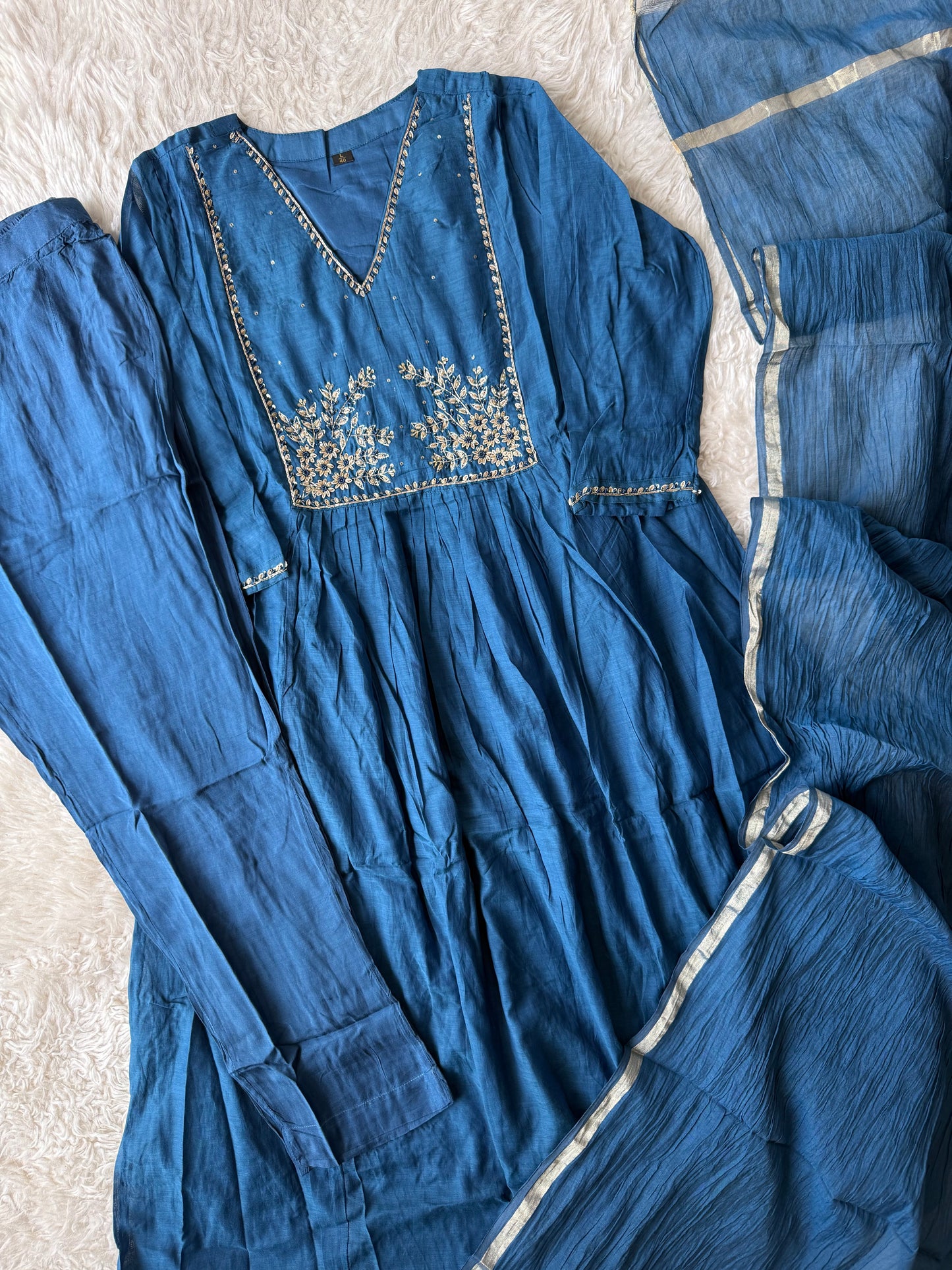 Pure Mul Chanderi Kurti Pant Dupatta Set