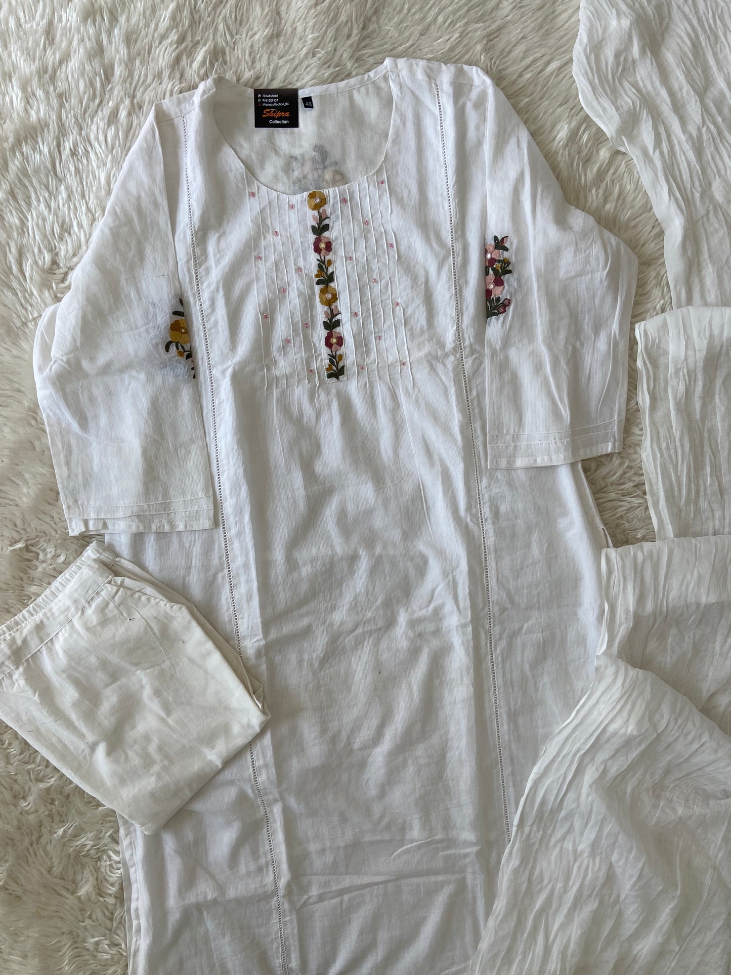 Premium Cotton Thread Work Kurti Pant Dupatta Set