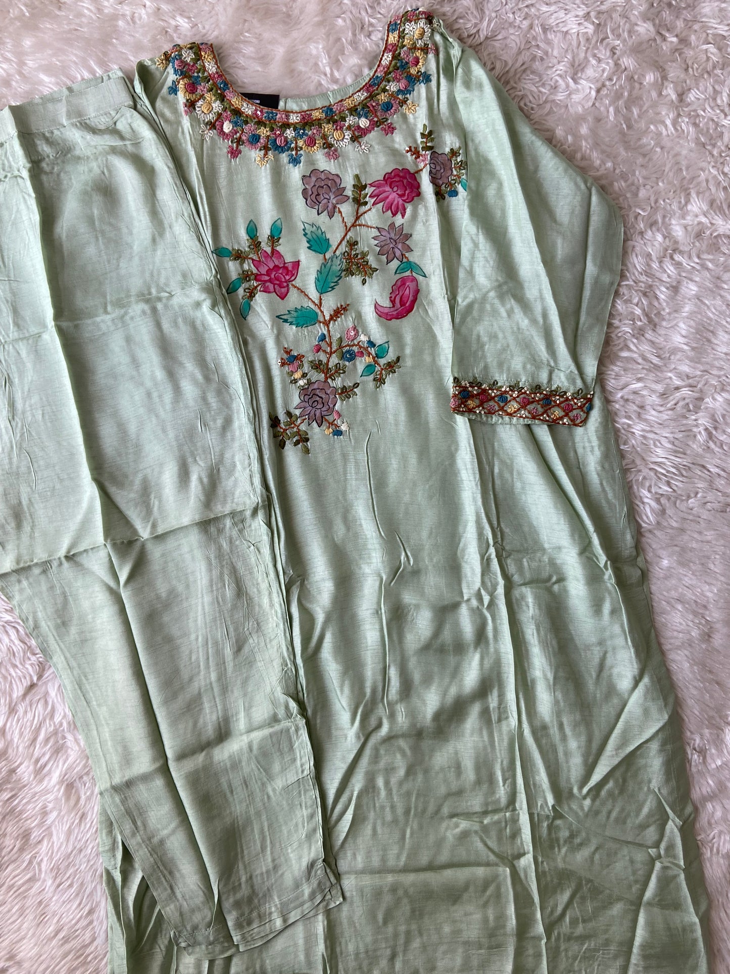 Plus size Dola Silk Embroidery Kurti Pant Dupatta Set