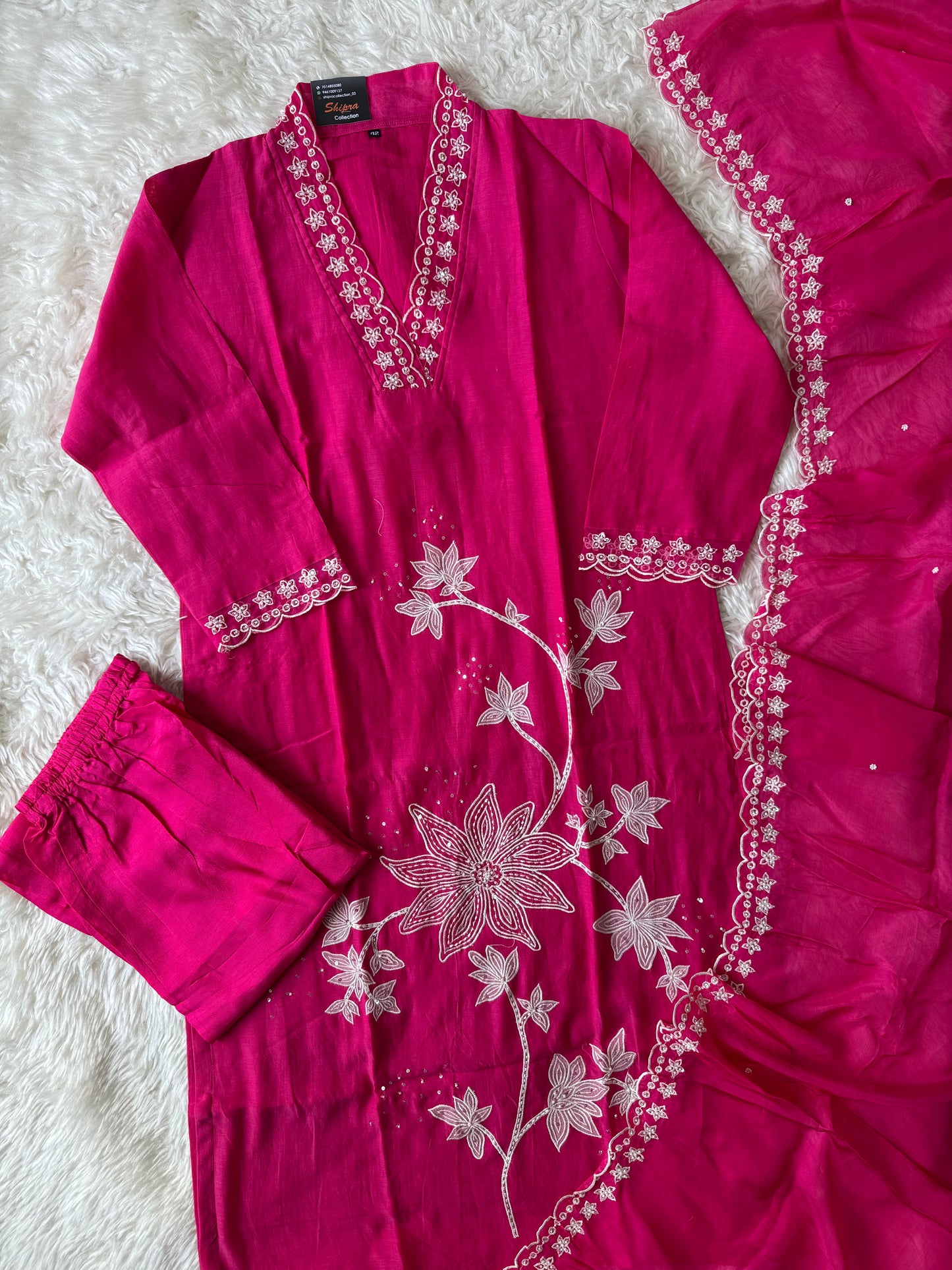 Pure Mul Chanderi Kurti Pant Dupatta Set