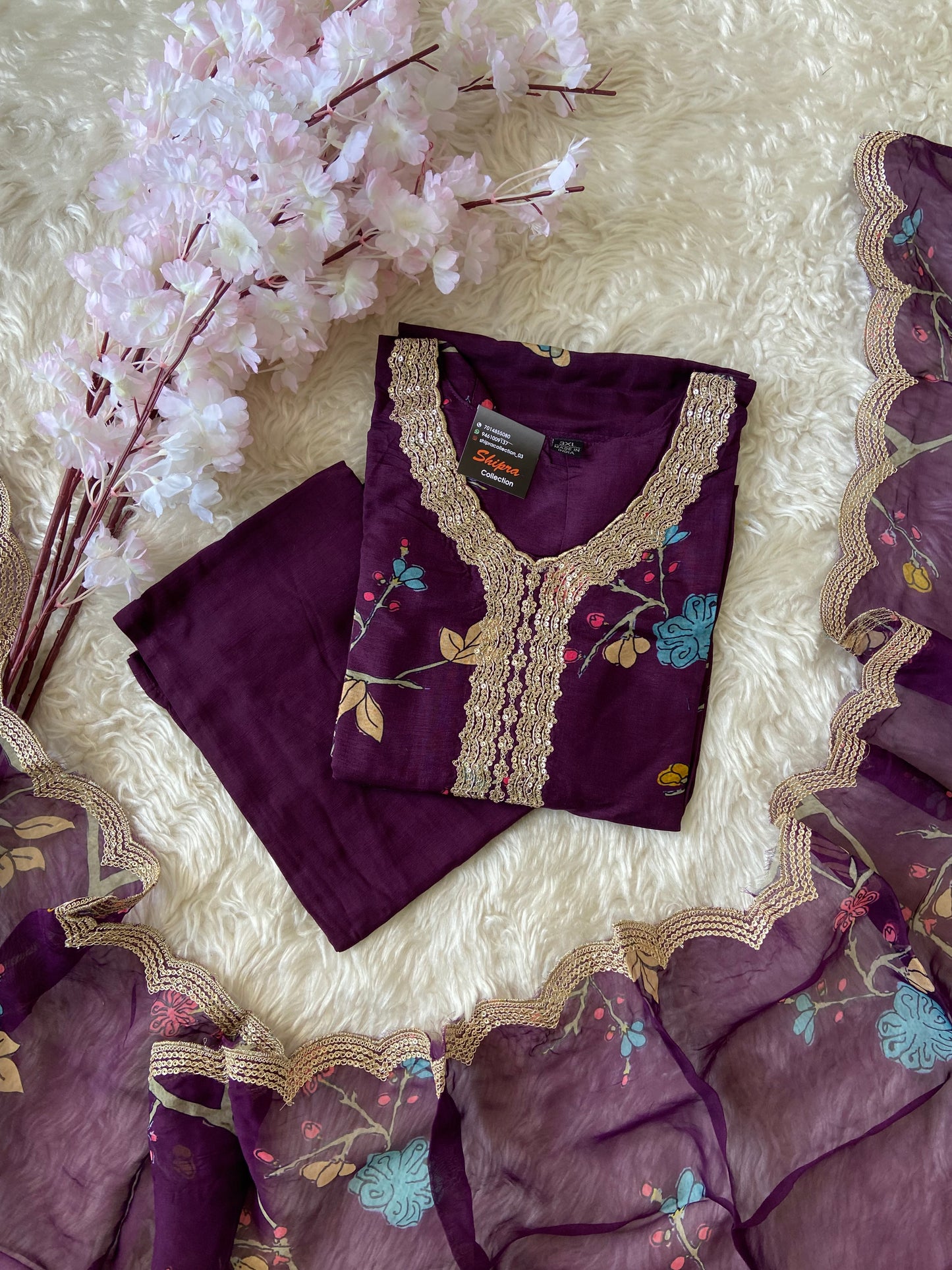 Plus Size Russian Silk Kurti Pant Dupatta Set