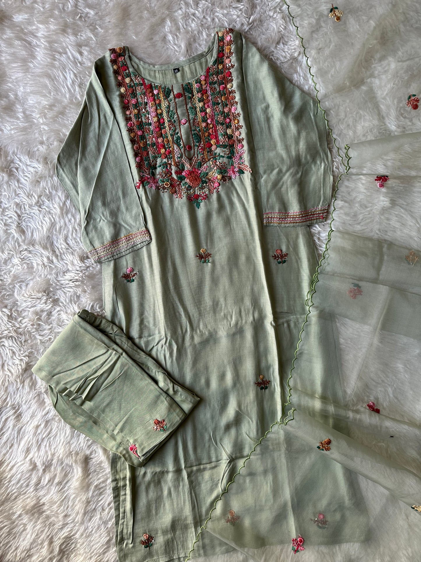 Pure Silk Embroidery Kurti Pant Dupatta Set