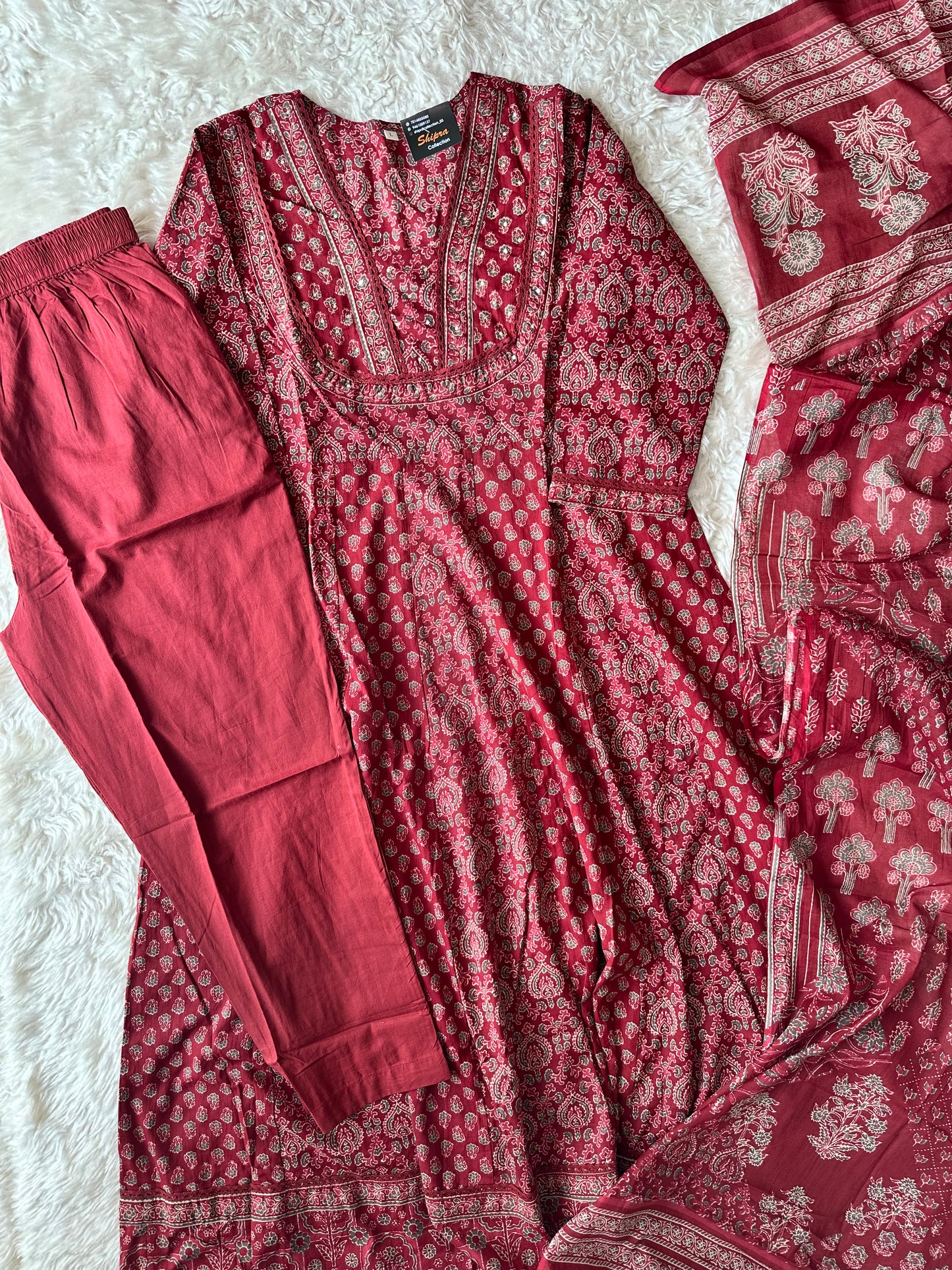 Premium Cotton ANARKALI Kurti Pant Dupatta Set