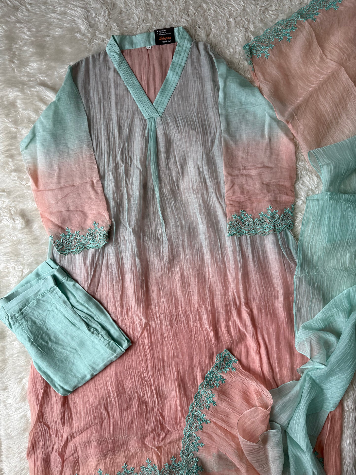 Plus Size Mul Chanderi Ombre Kurti Pant Dupatta Set