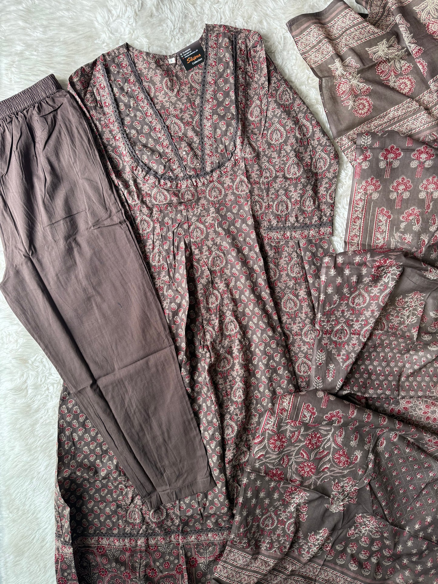 Premium Cotton ANARKALI Kurti Pant Dupatta Set