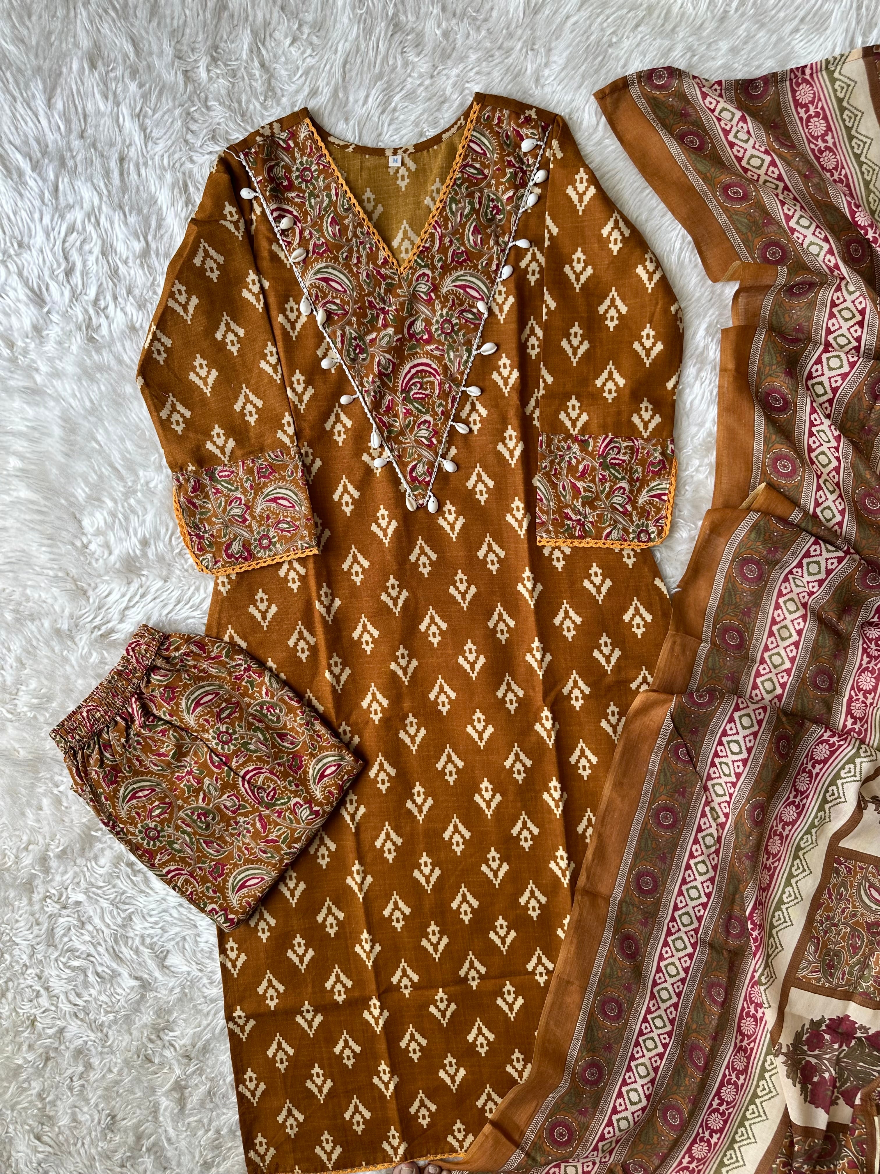 Spun Cotton Kurti Pant Dupatta Set