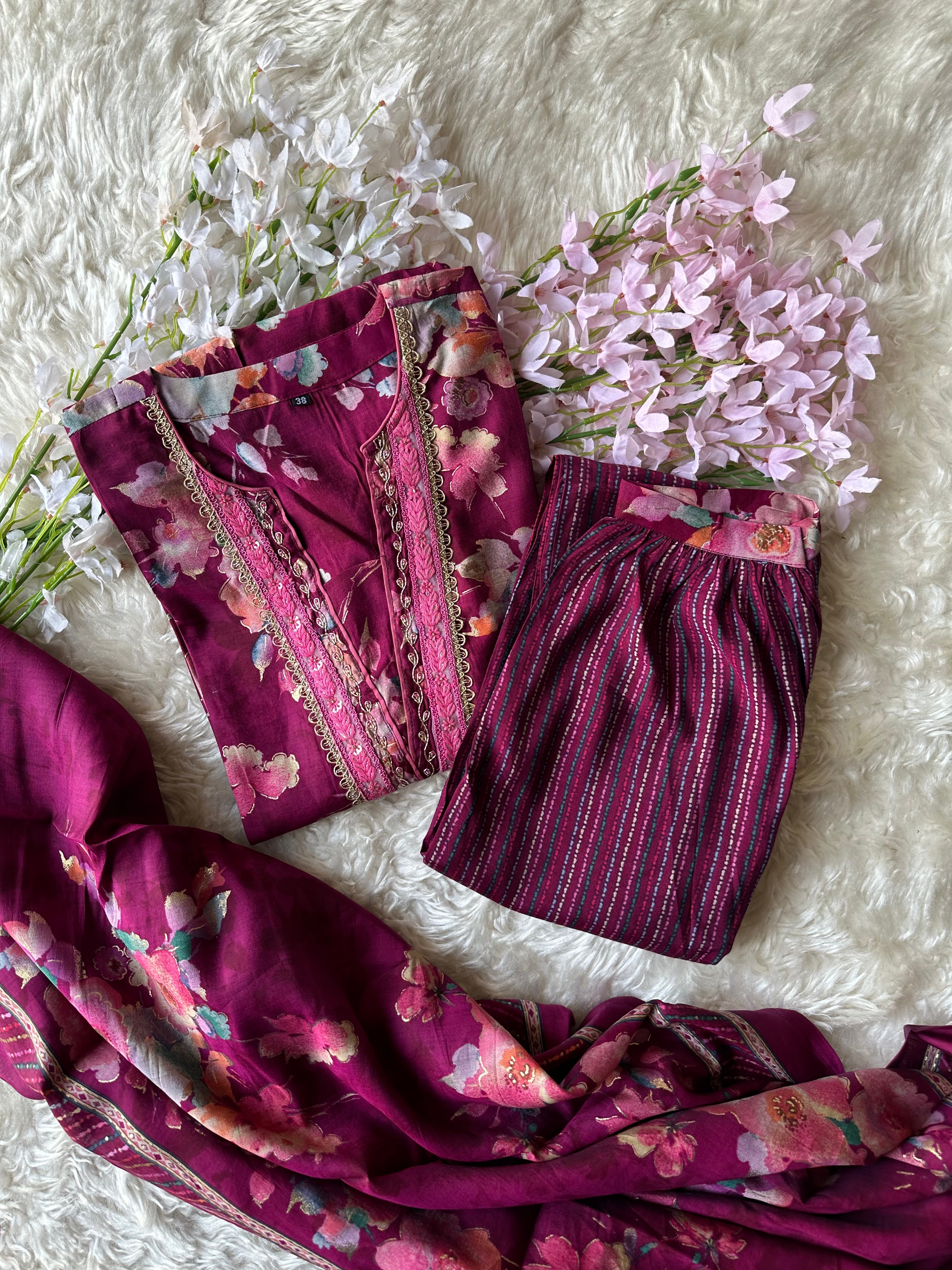 Pure Muslin Silk Kurti Afghani Pant Dupatta Set