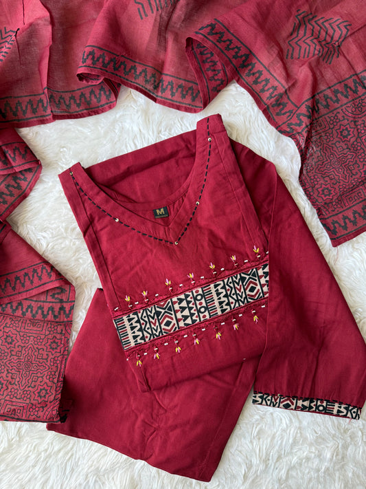 Pure Cotton Aline Kurti Plazo Dupatta Set