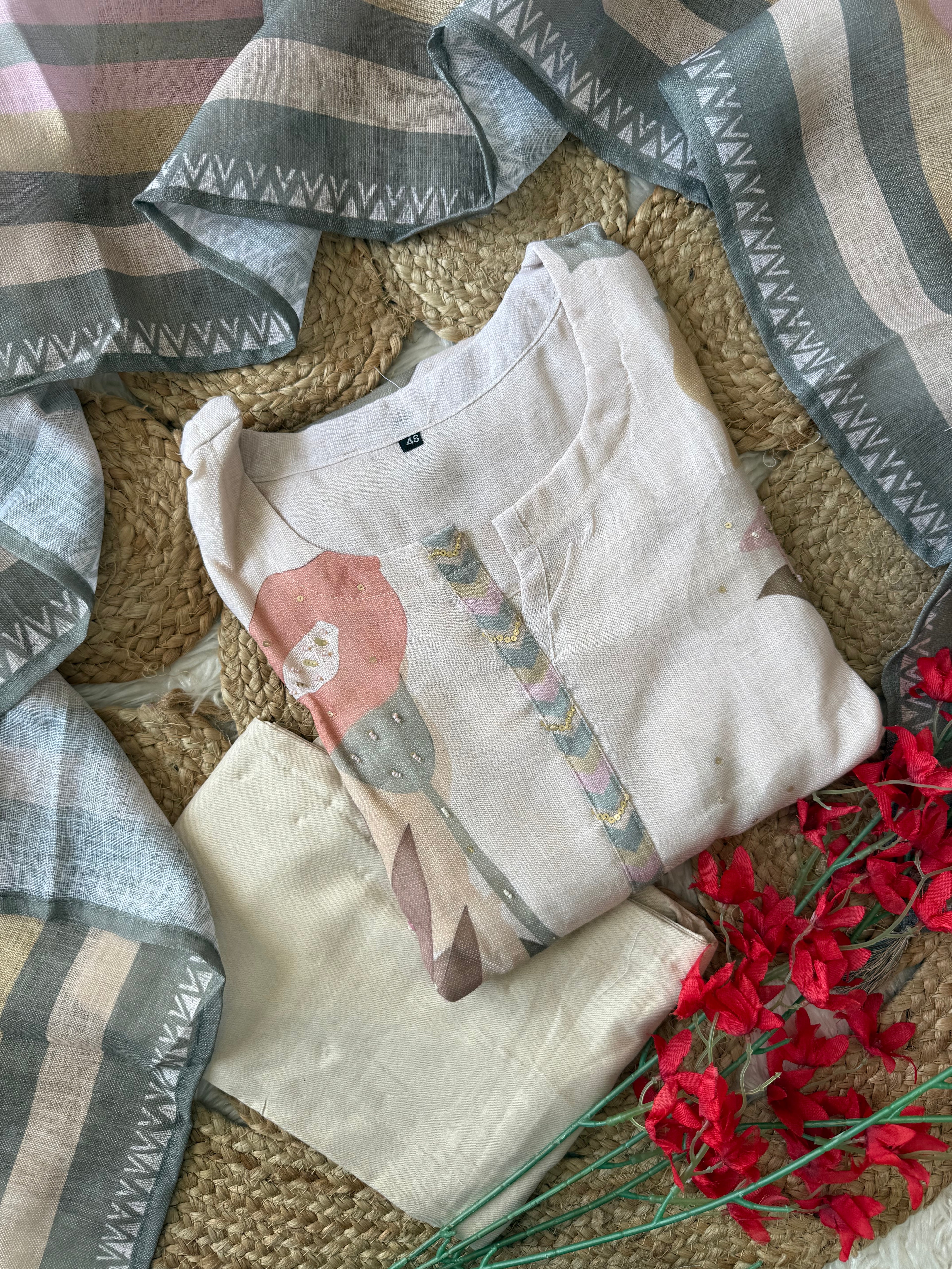 “Plus Size” Linen Kurti Pant Dupatta Set
