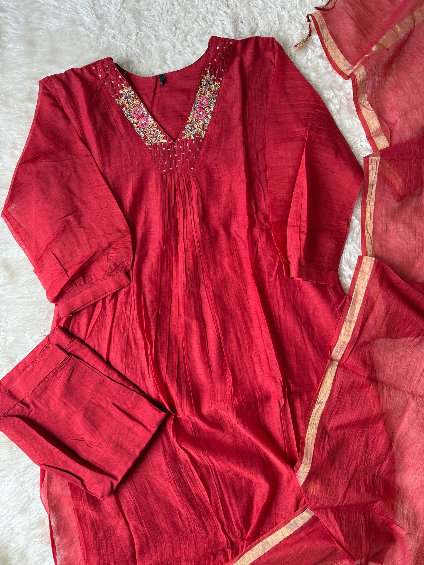 Plus Size Mul Chanderi Kurti Pant Dupatta Set