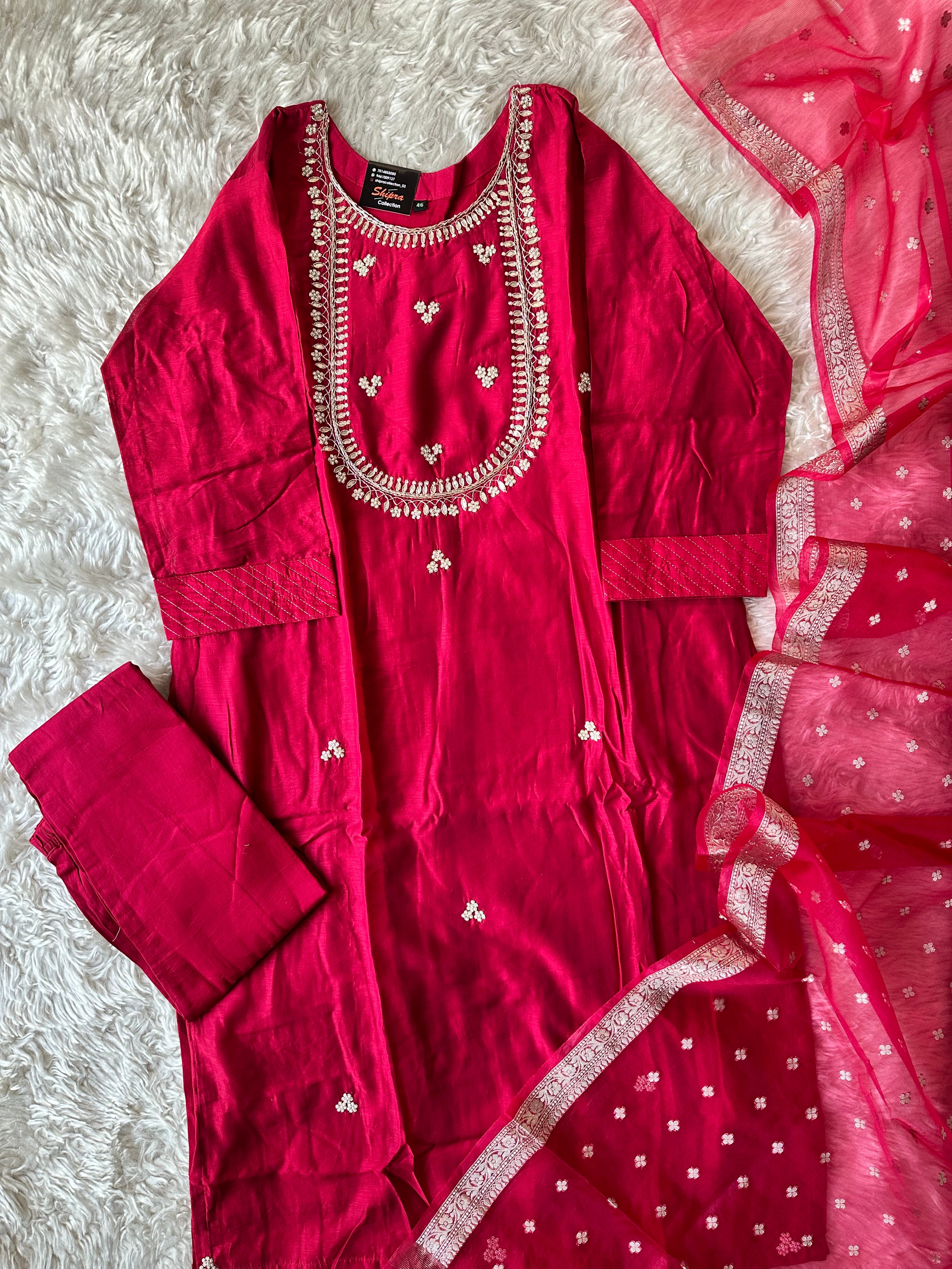 Chanderi Silk Kurti Pant Dupatta Set
