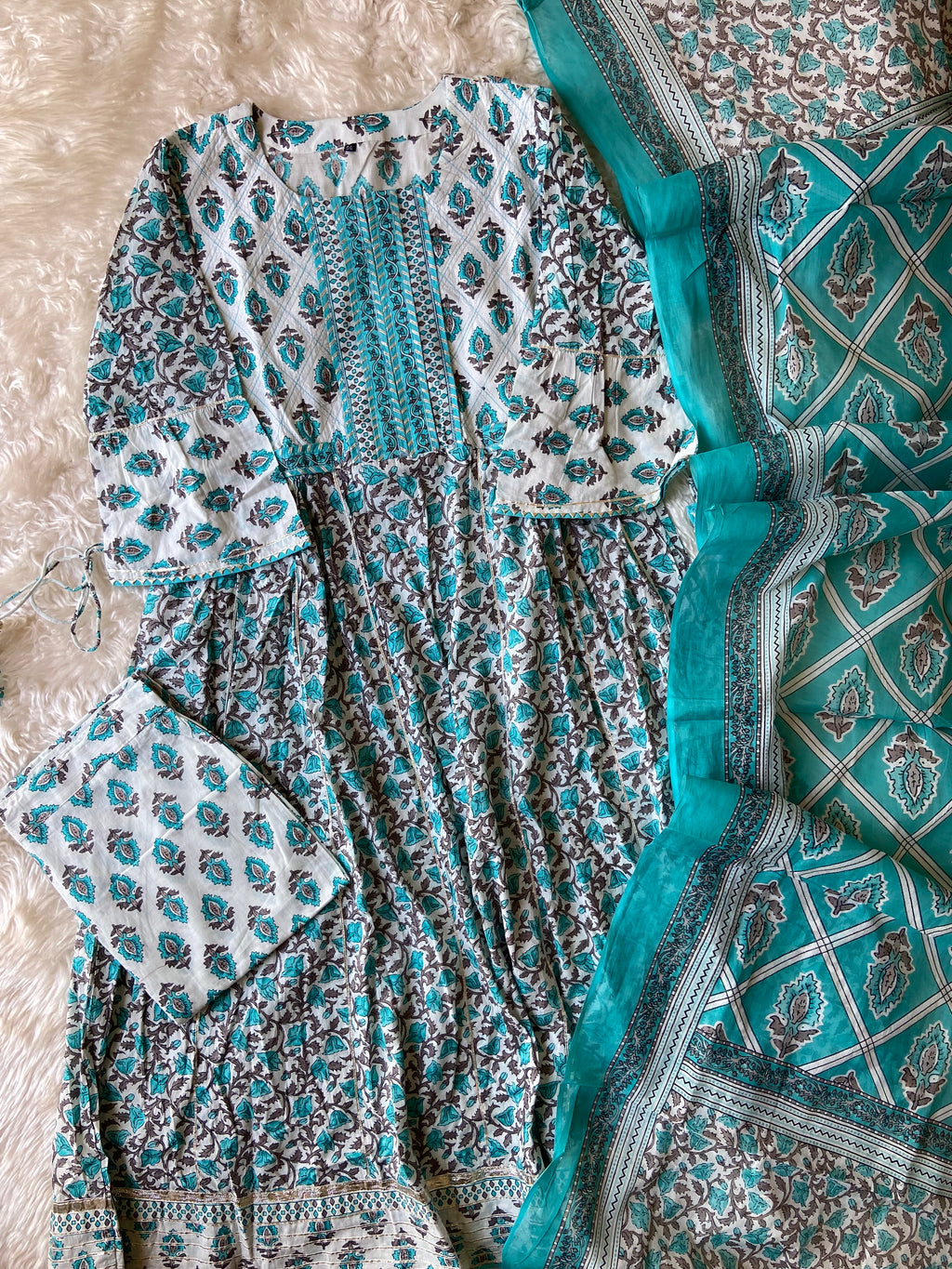 Premium Cotton Flare Kurti Pant Dupatta Set