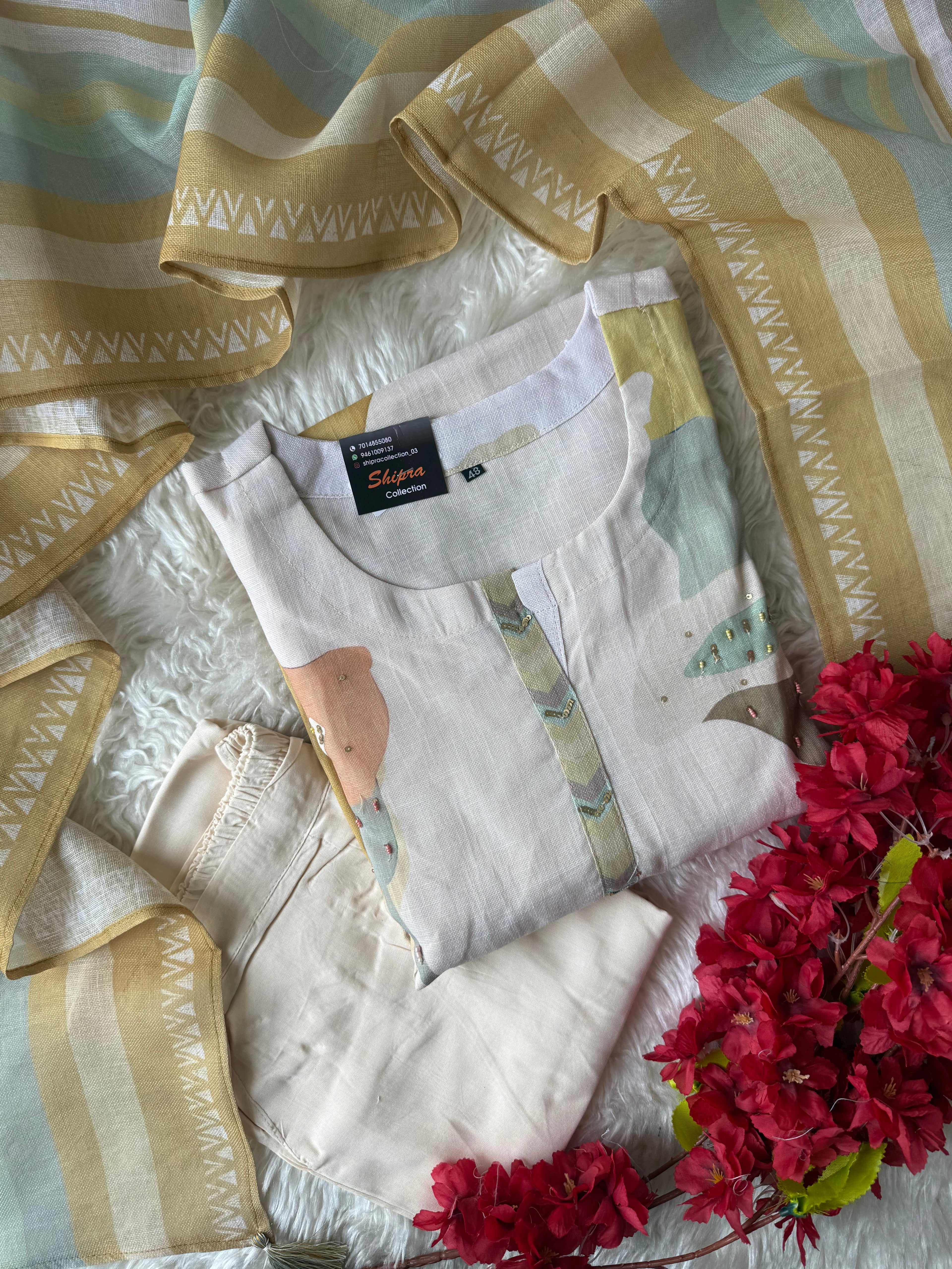 “Plus Size” Linen Kurti Pant Dupatta Set