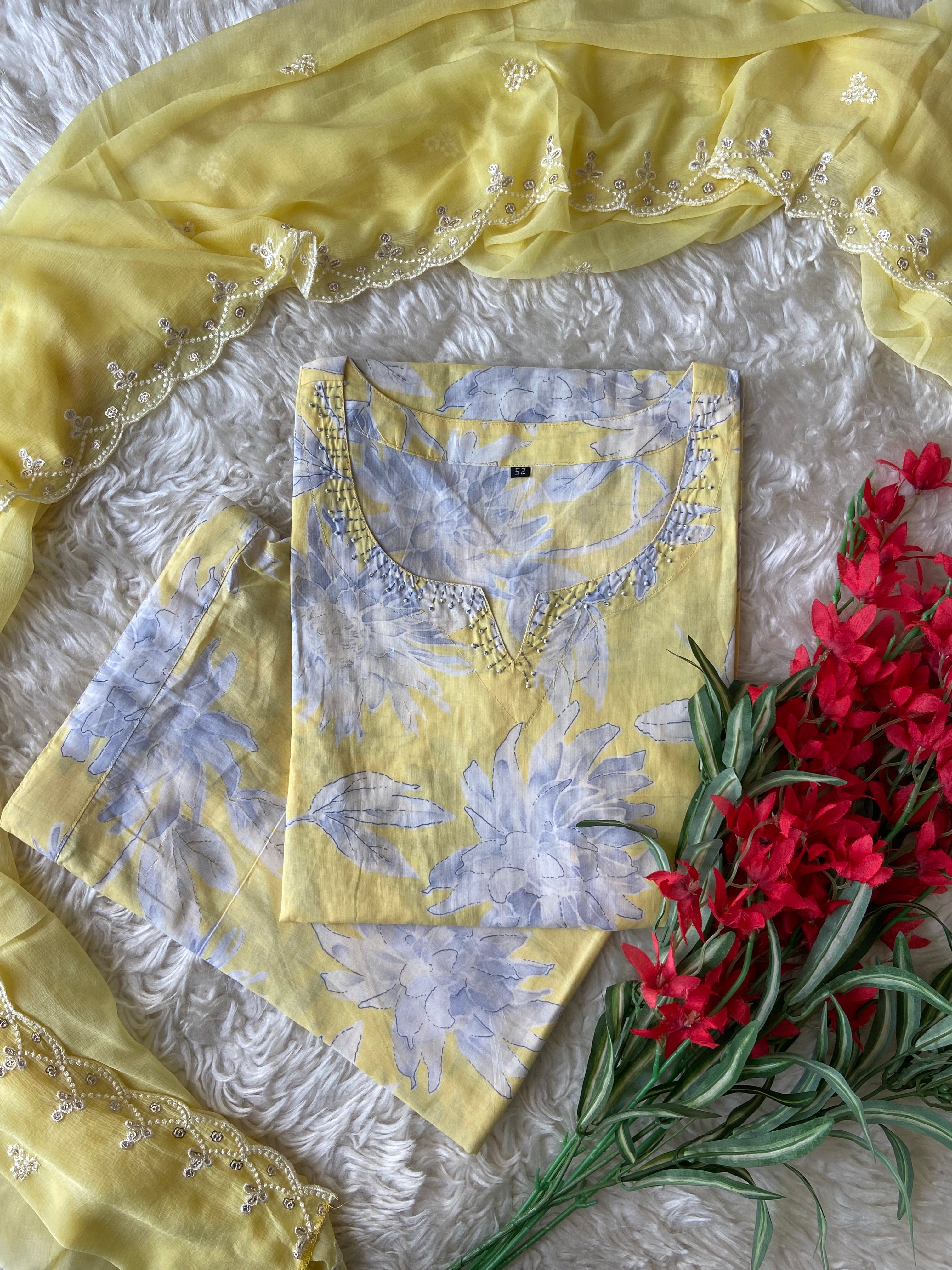 Premium Cotton Kurti Pant Chiffon Dupatta Set