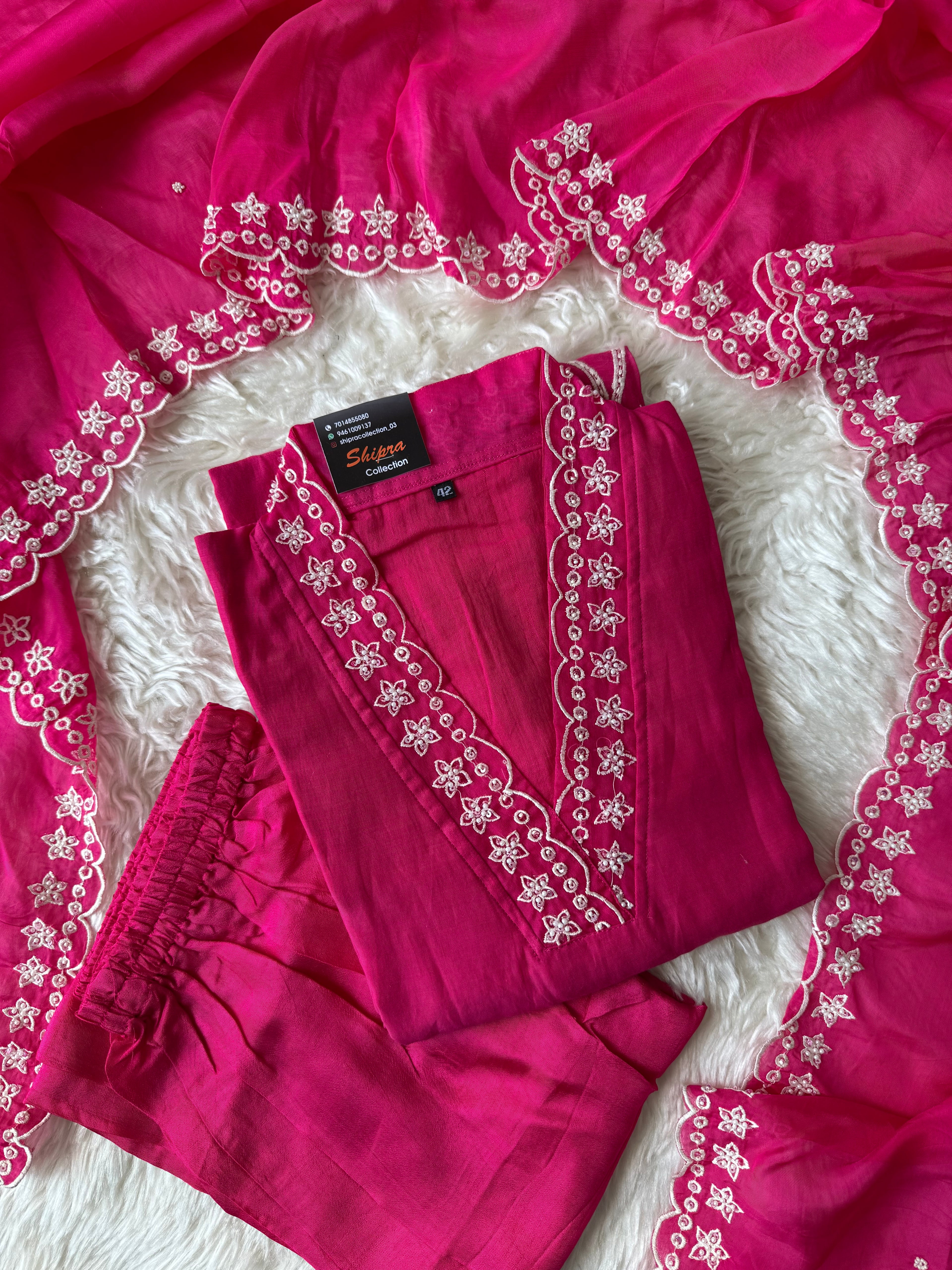 Pure Mul Chanderi Kurti Pant Dupatta Set