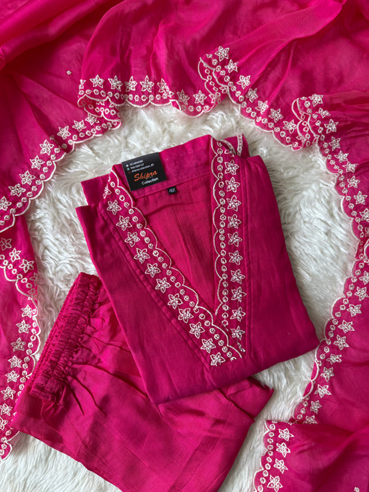 Pure Mul Chanderi Kurti Pant Dupatta Set