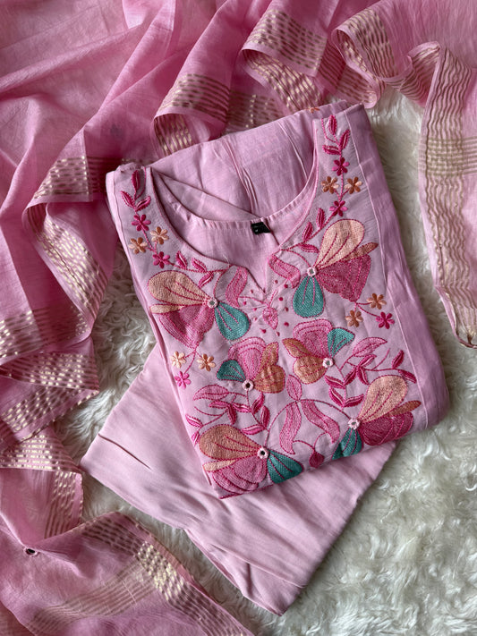 Mul Chanderi Kurti Pant Dupatta Set