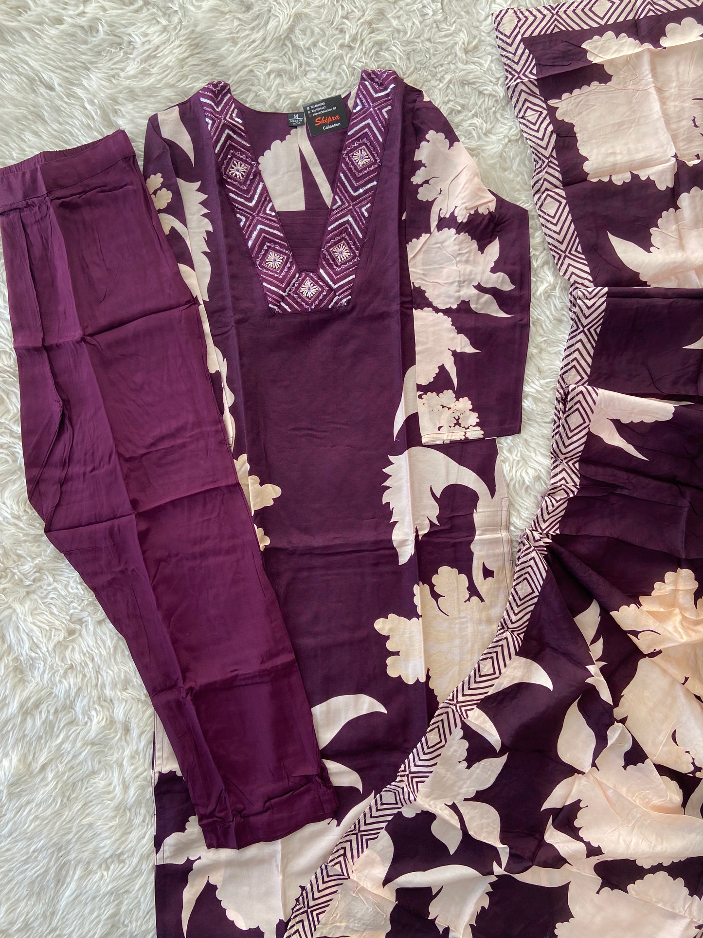 Russian Silk Kurti Pant Dupatta Set