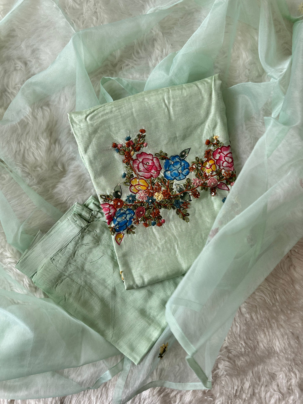 Dola Silk Embroidery Kurti Pant Dupatta Set