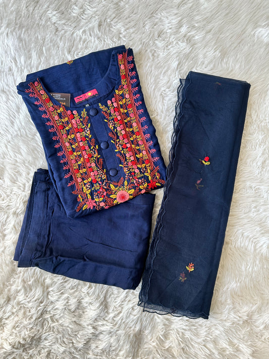 Pure Silk Embroidery Kurti Pant Dupatta Set