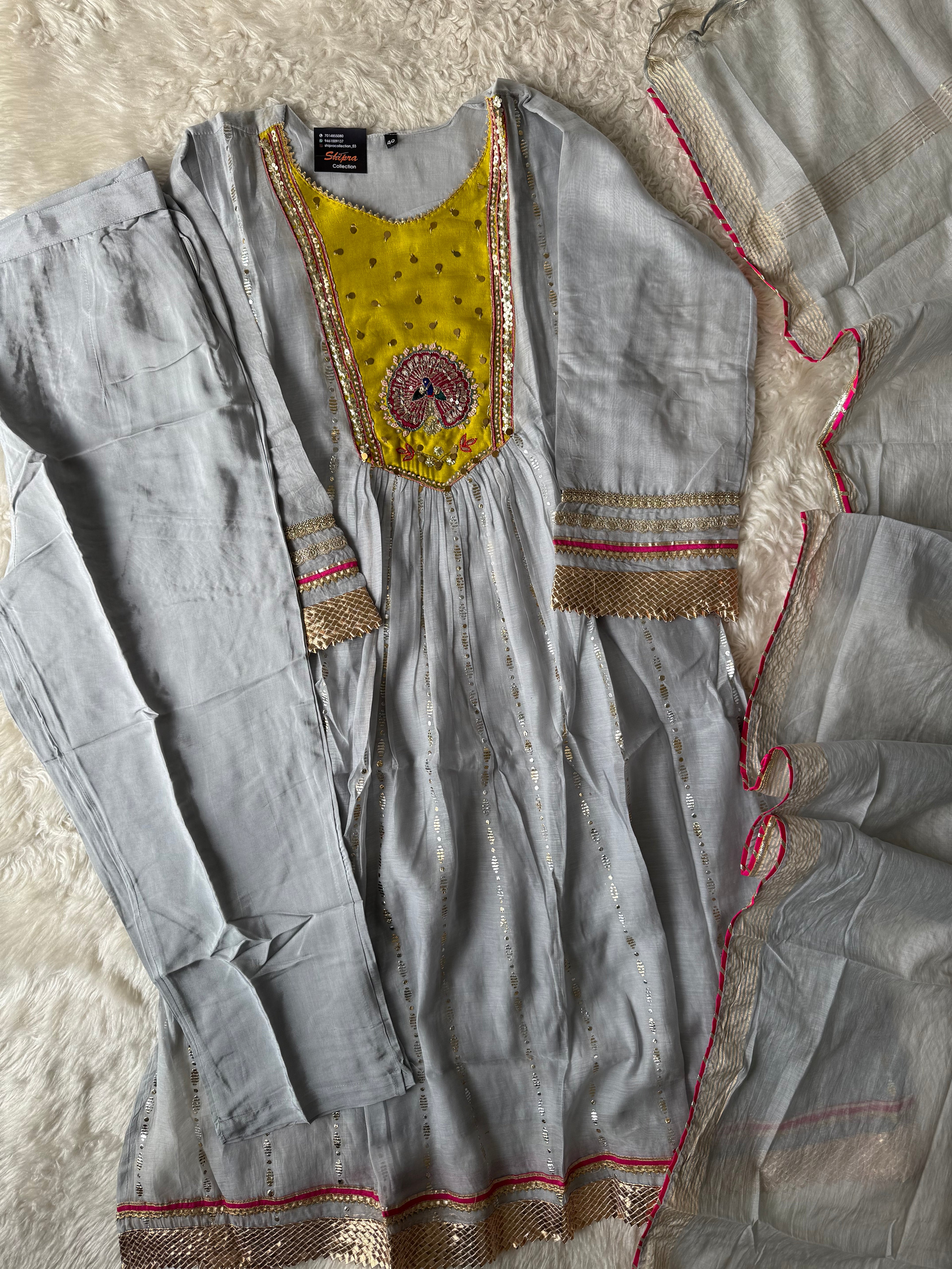 Mul Chanderi Kurti Pant Dupatta Set