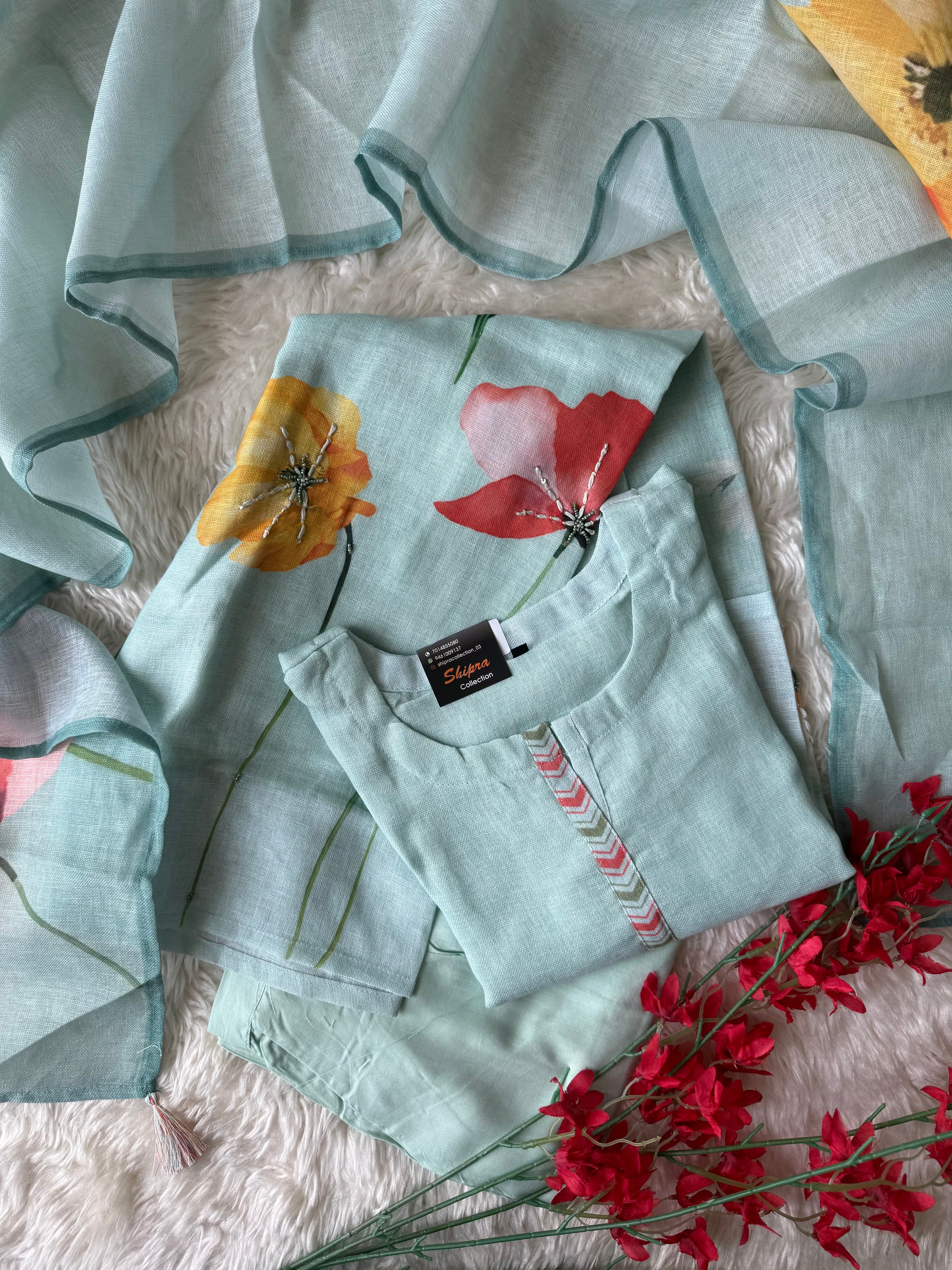 “Plus Size” Linen Kurti Pant Dupatta Set