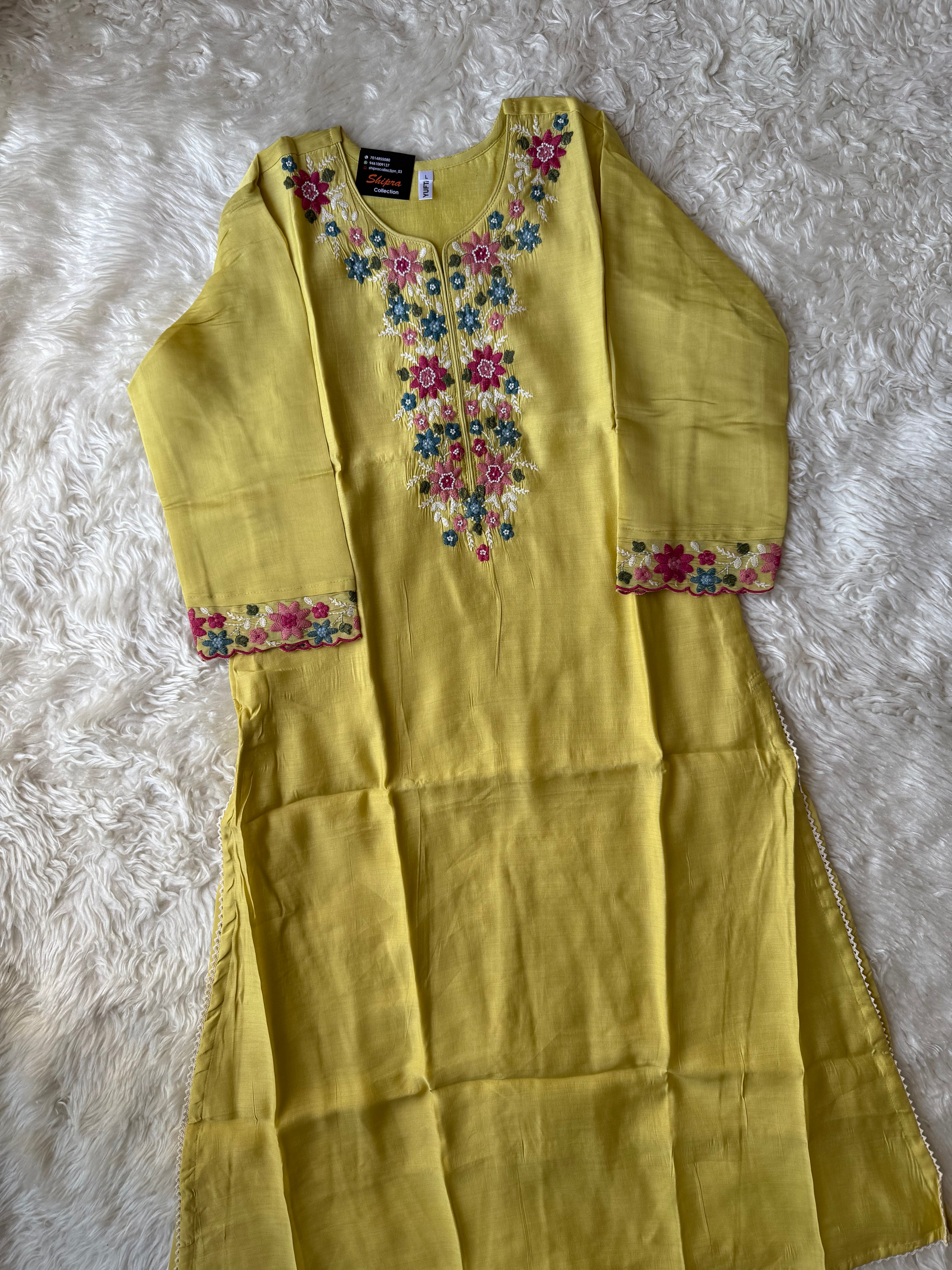 Mul Chanderi Kurti Pant Dupatta Set
