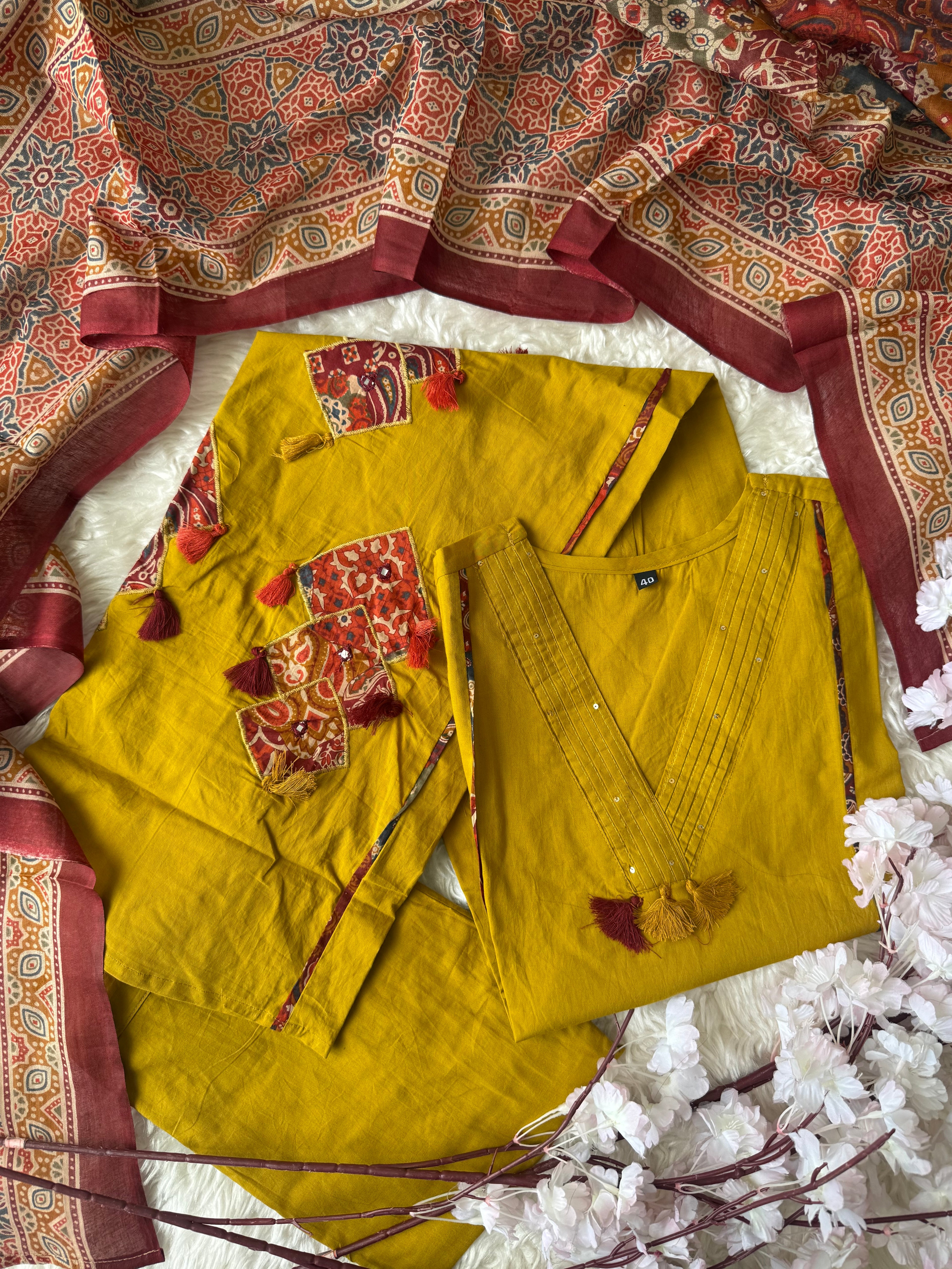 Pure Cotton Aline Kurti Plazo Dupatta Set